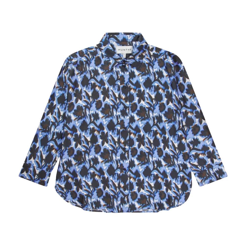 Blue Silk Shirt Blouse with Print