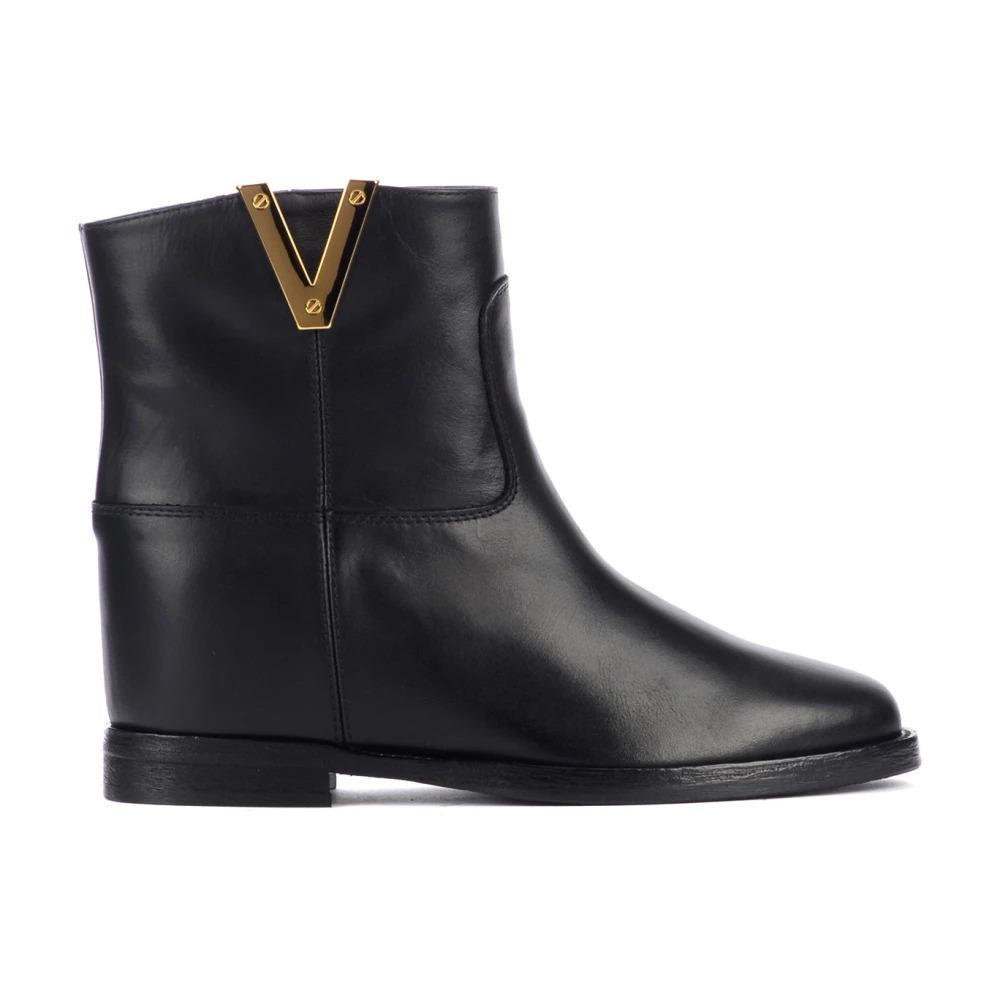 Black Leather Ankle Boot with Golden Metal V