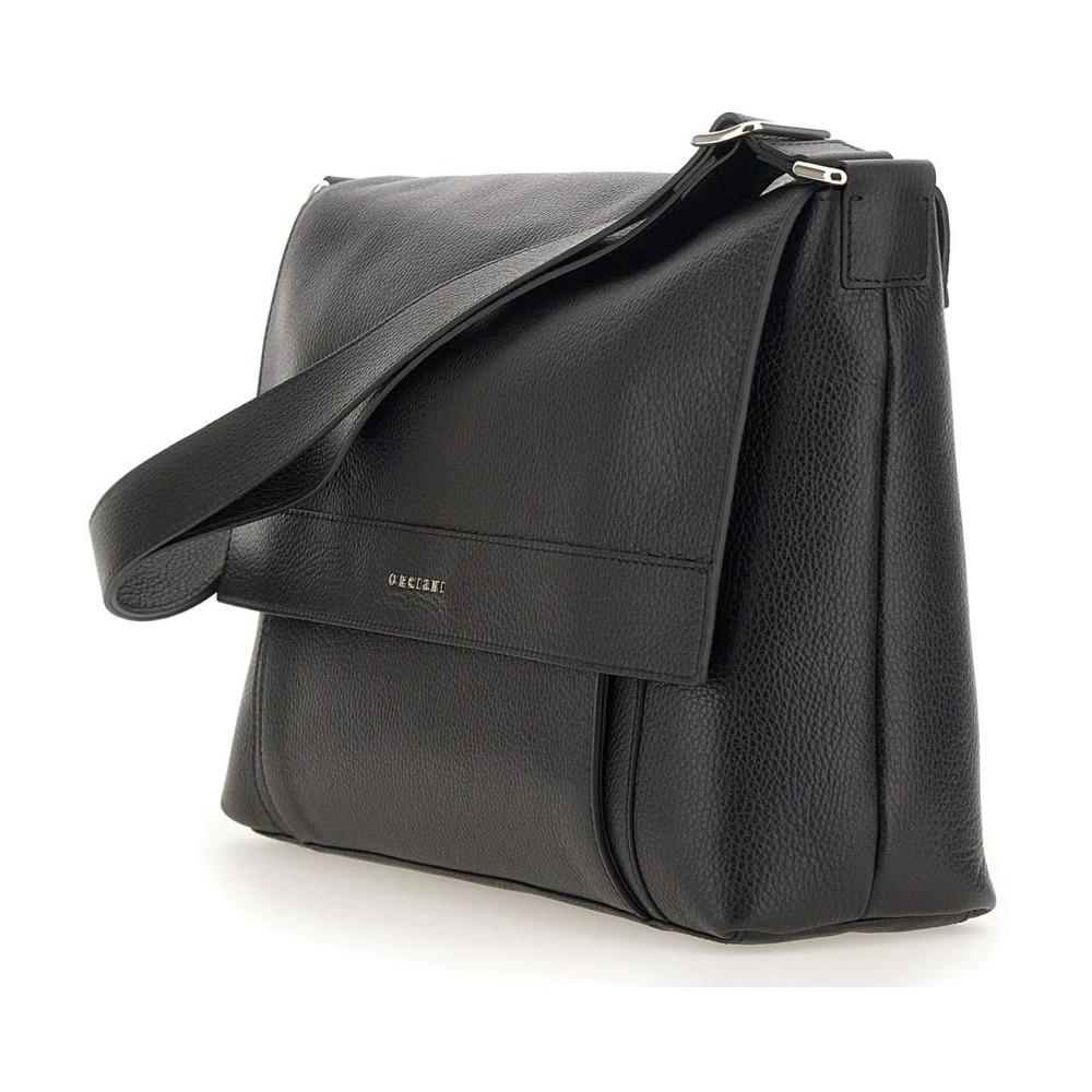 Black Leather Shoulder Bag with Flap