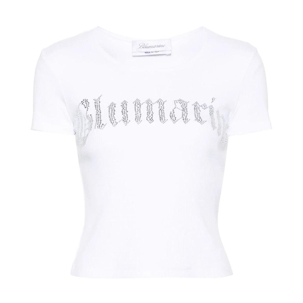 White Ribbed T-Shirt with Rhinestone Logo