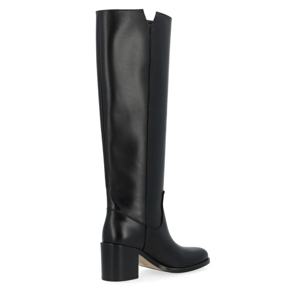 Black Leather High Heel Boot with Golden V