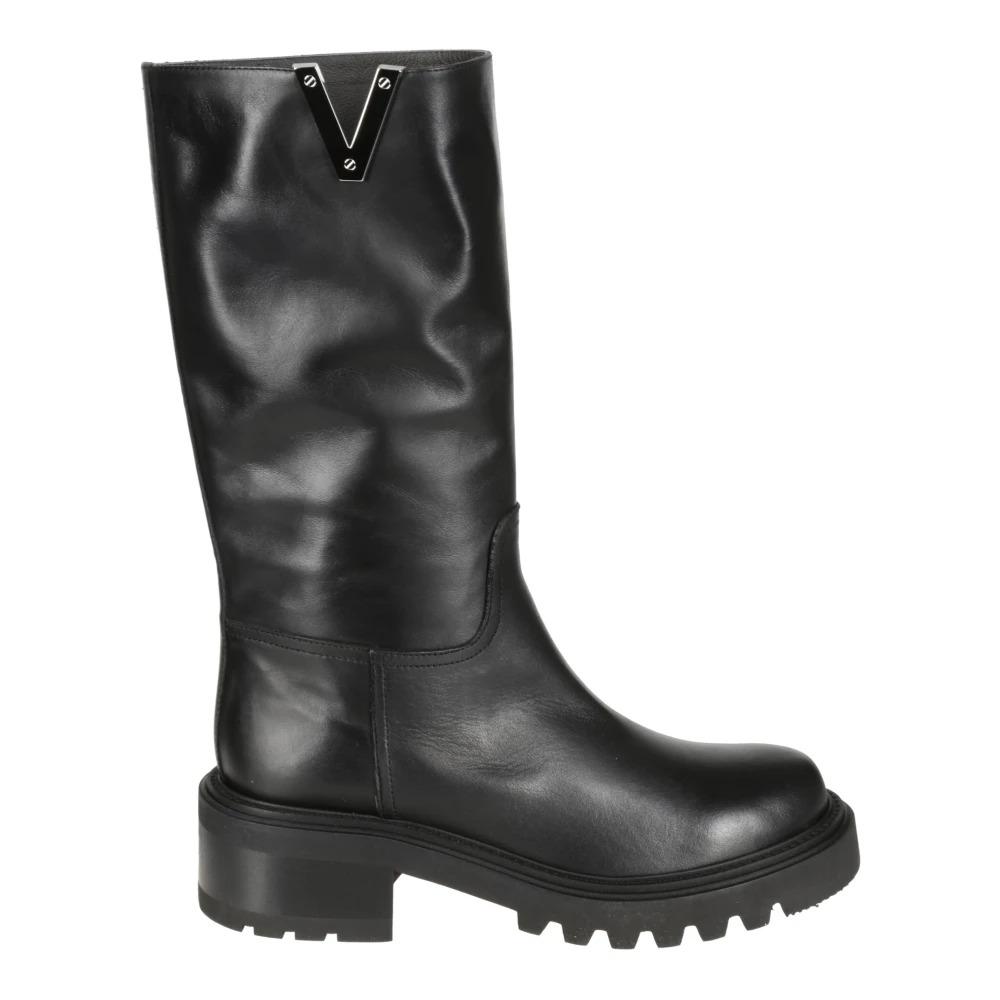 Black Leather Boots with Stitching Details