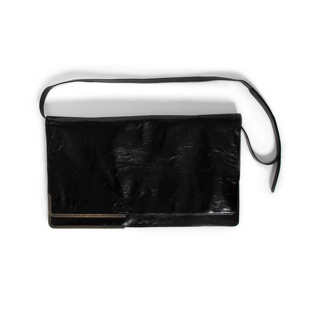 Black Leather Shoulder Bag with Flap