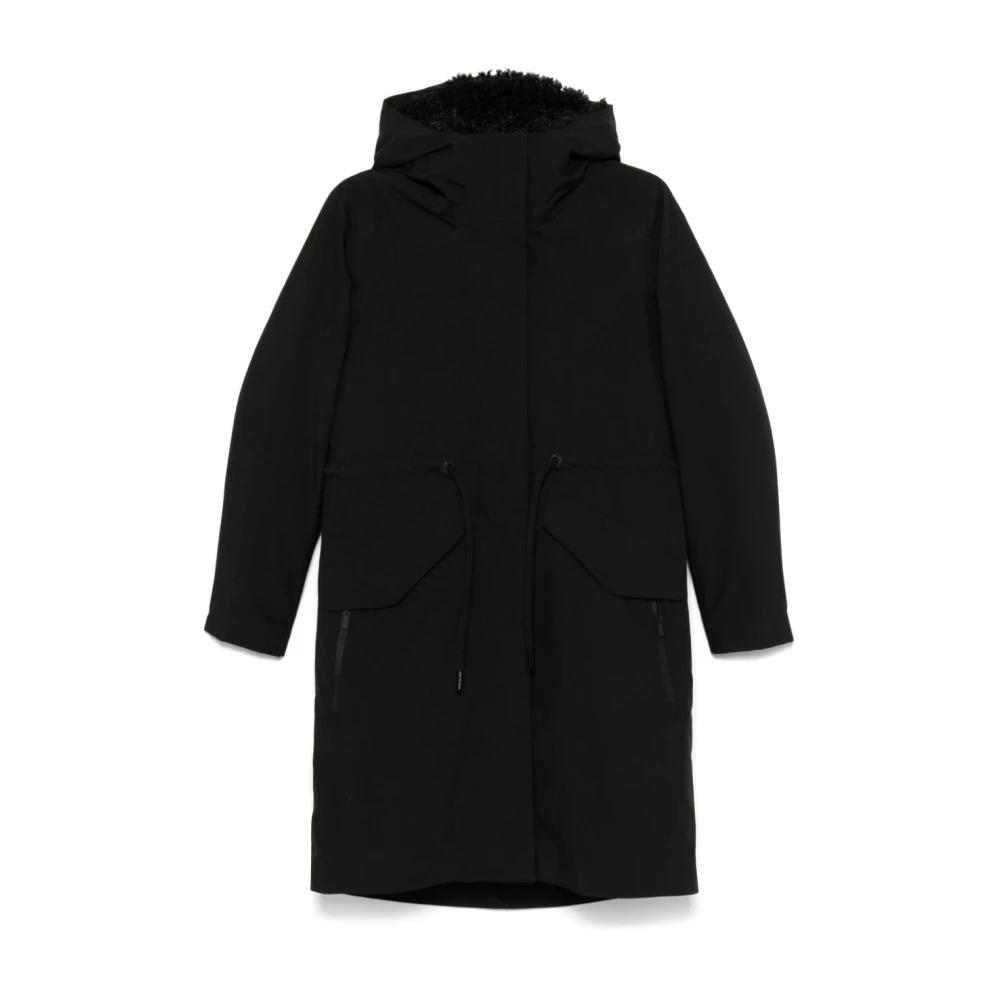 Black Hooded Coat with Faux-Shearling Lining