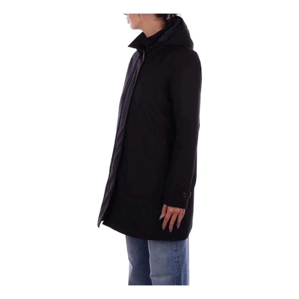 Black Hooded Coat with Zipper and Button