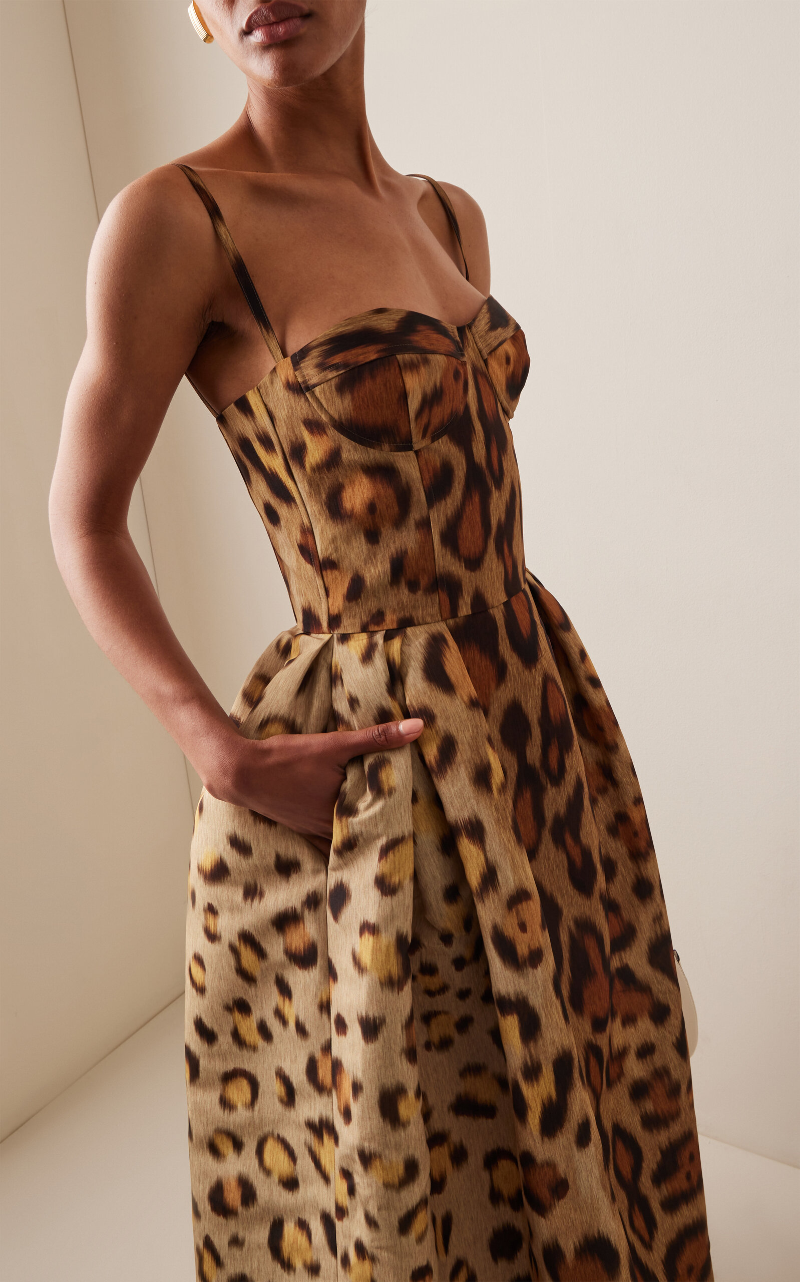 Jaguar-Print Faille Bustier Midi Dress