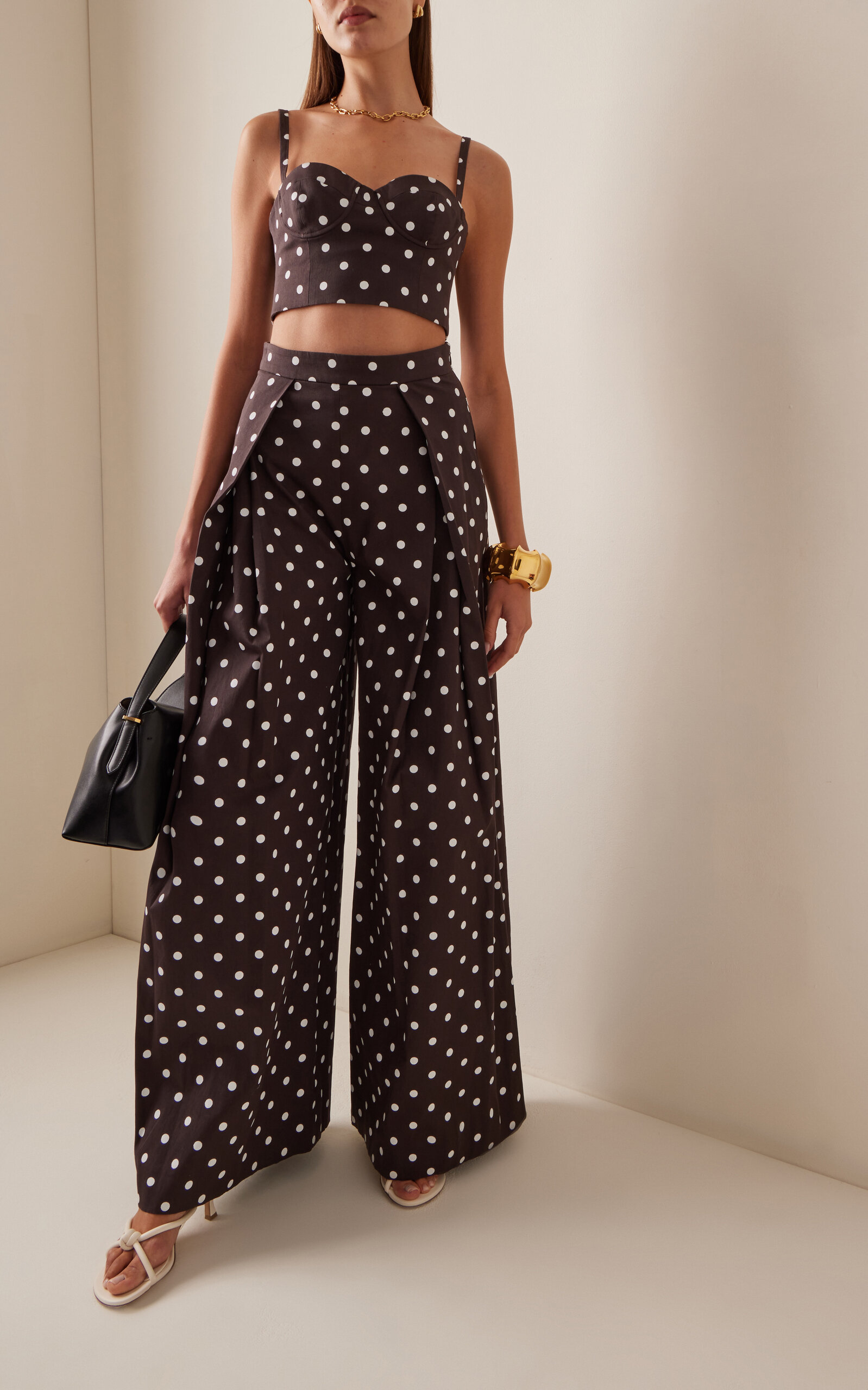 Polka-Dotted Pleated Cotton Wide-Leg Pants