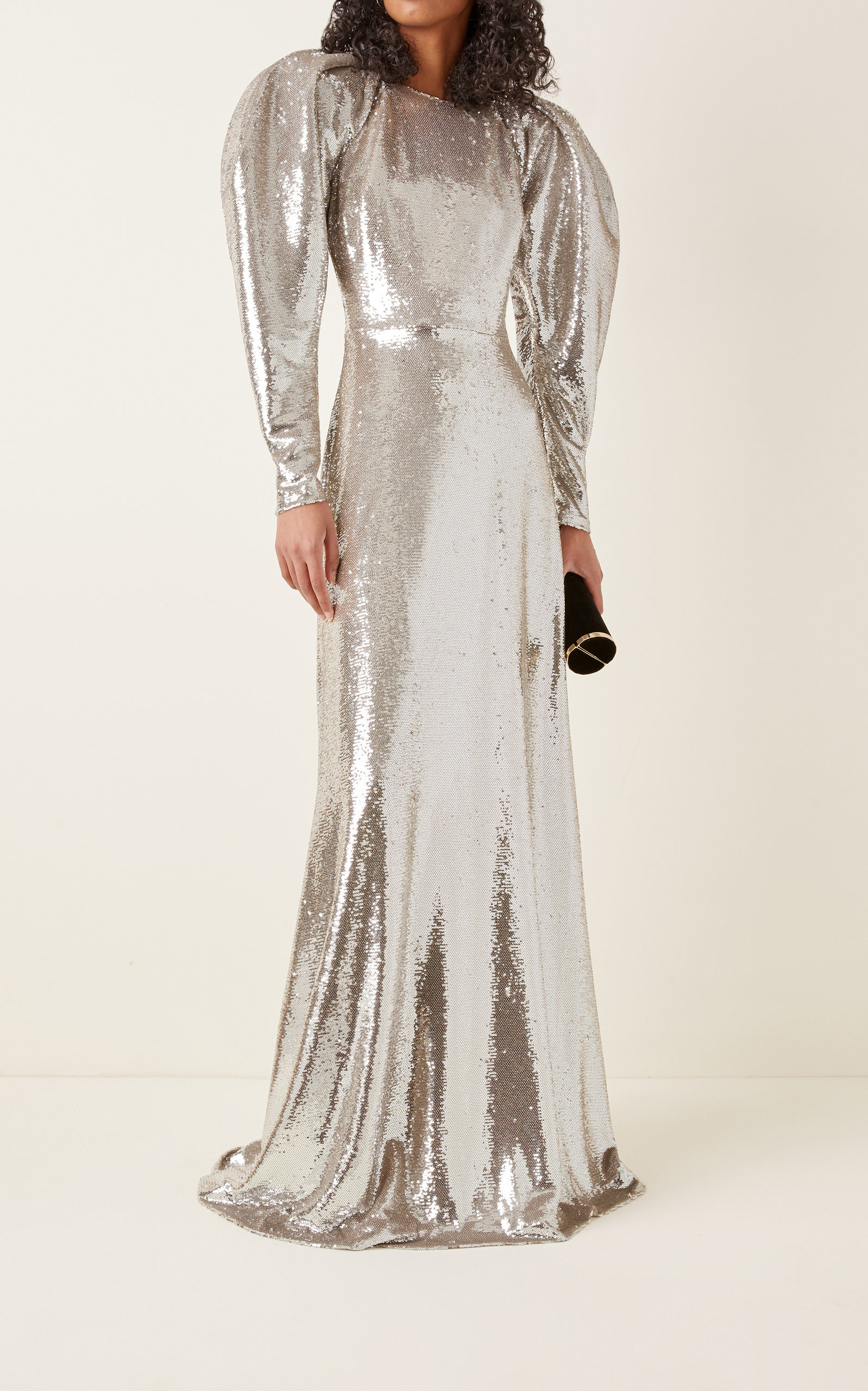 Puff-Sleeve Sequined Gown