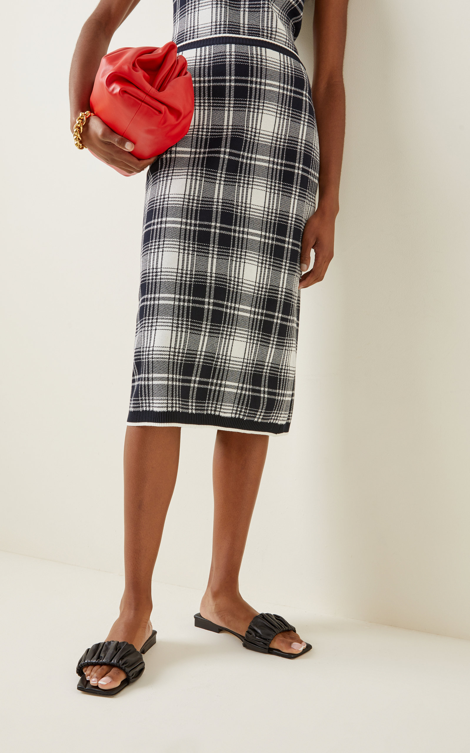 Plaid Knit Midi Pencil Skirt