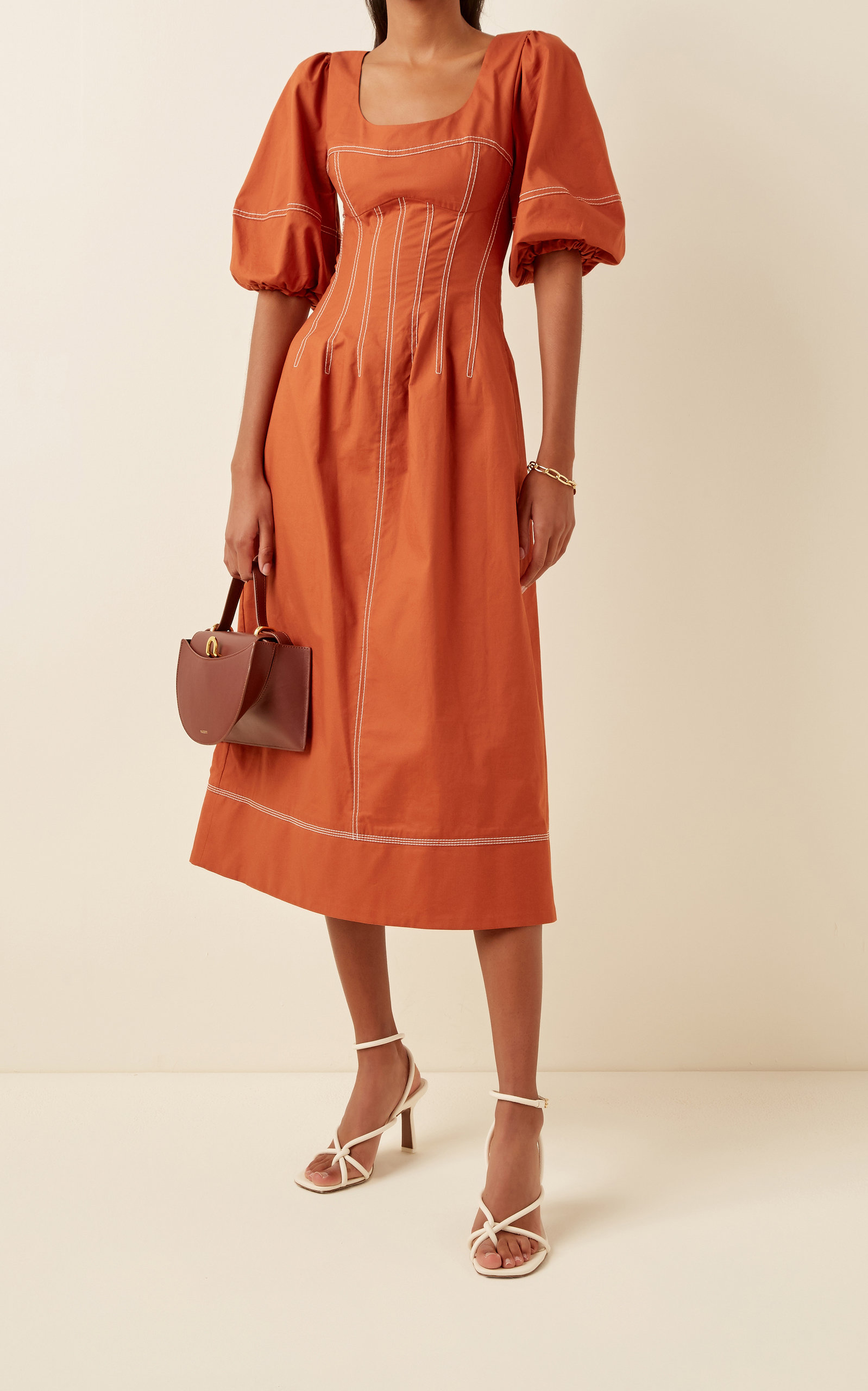 Lena Puff Sleeve Stretch-Cotton Midi Dress