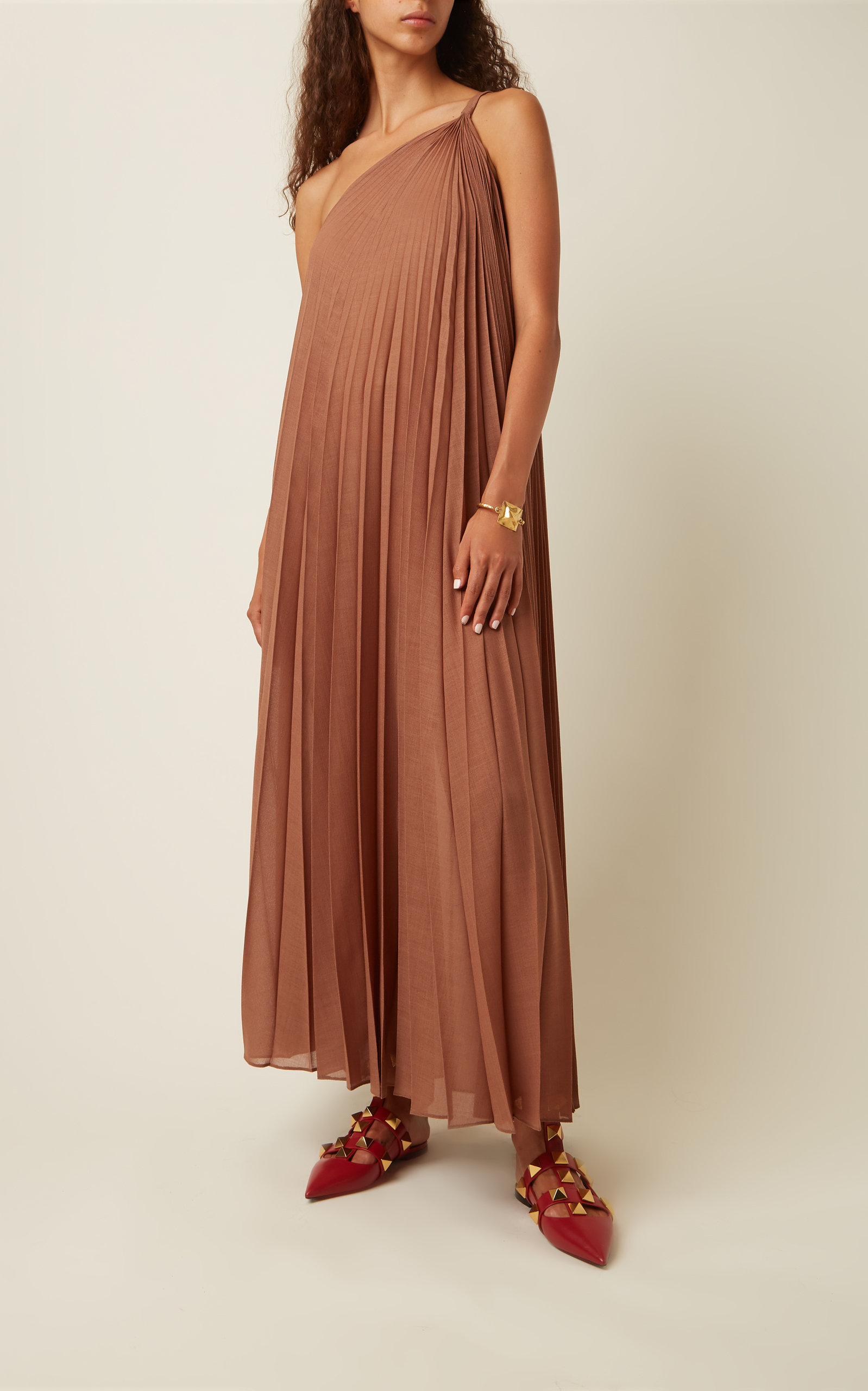 Asymmetric Pleated Wool-Blend Dress