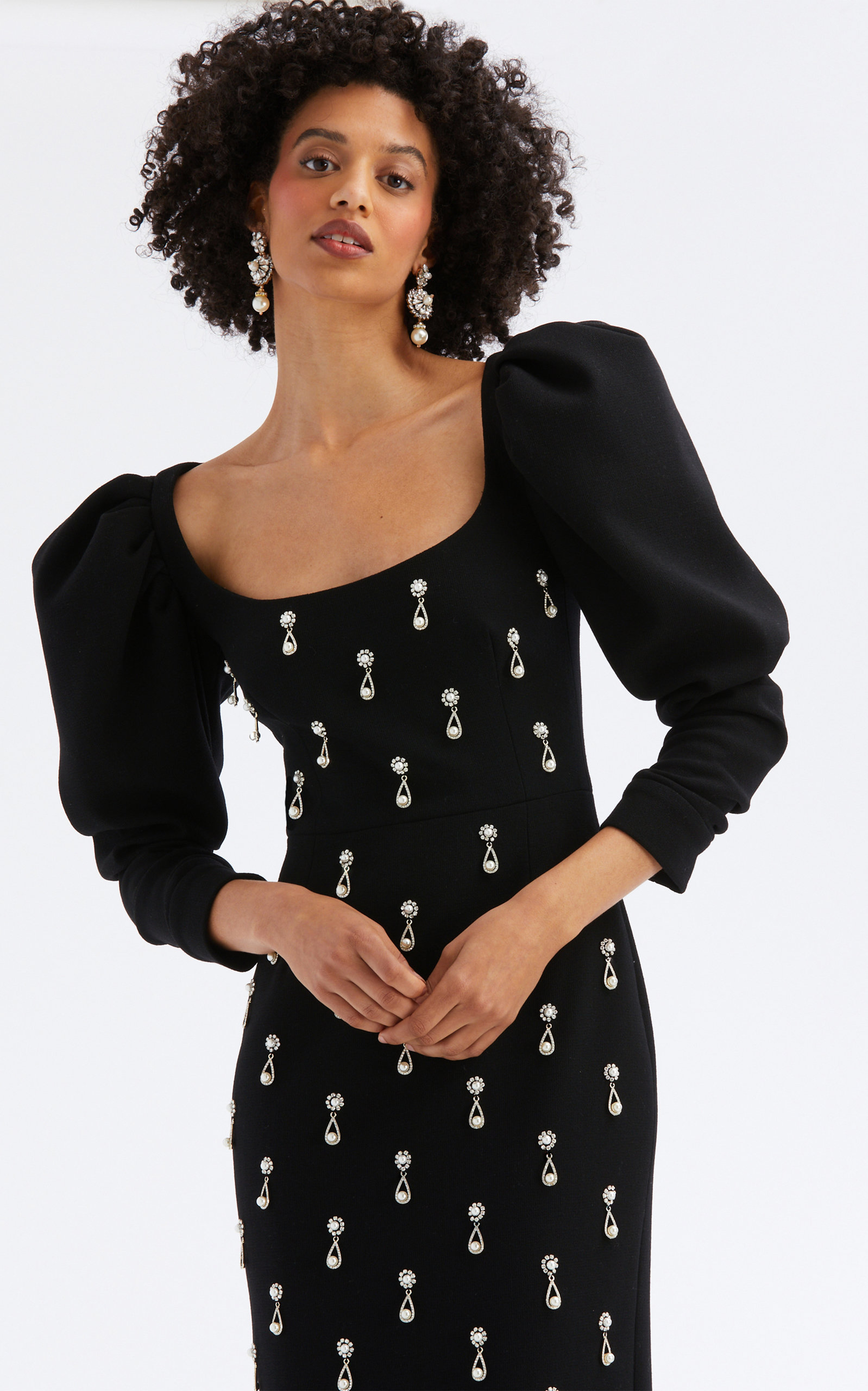 Pearl-Embroidered Midi Dress