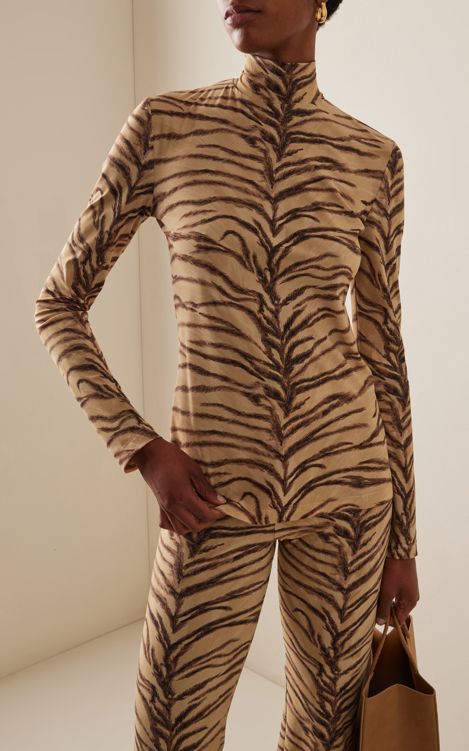 Tiger-Print Jersey Turtleneck Top