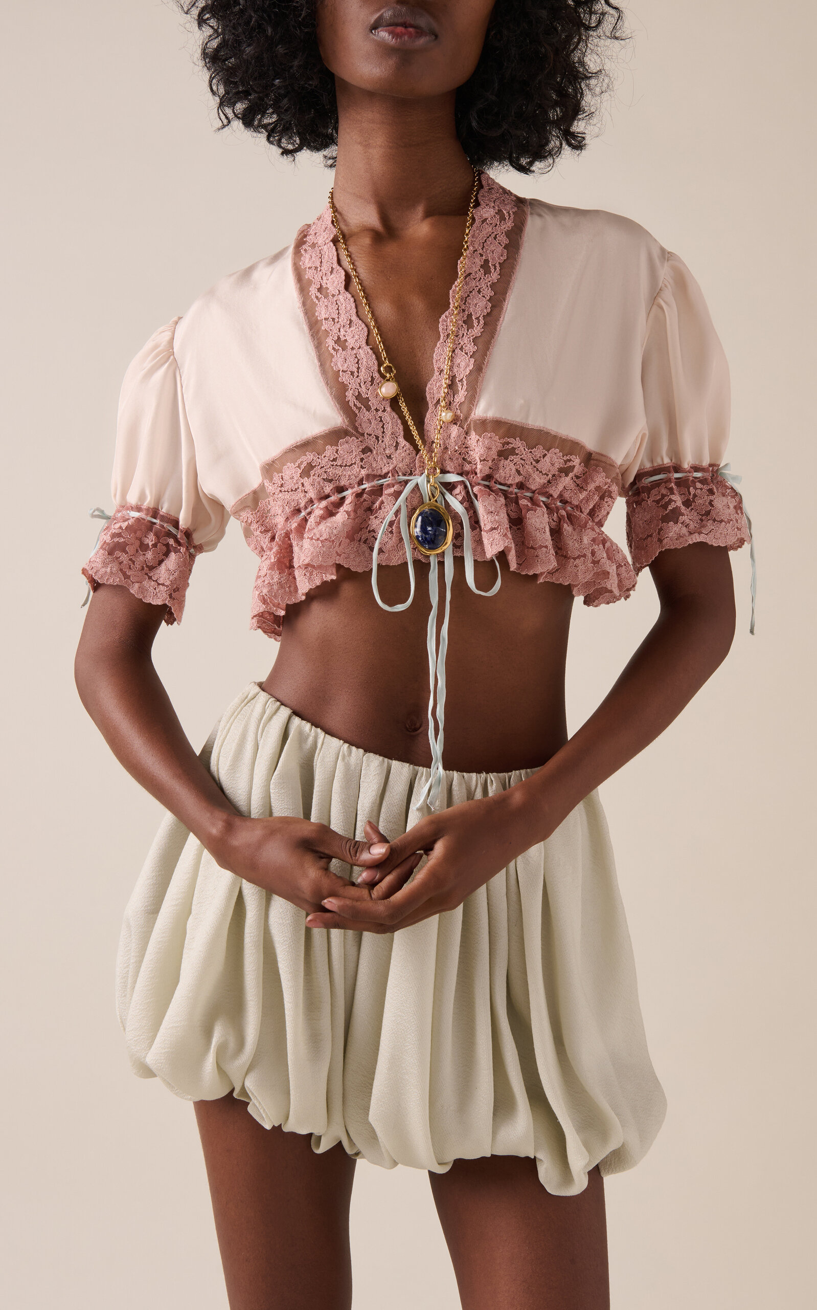 Lace-Trimmed Silk Habotai Crop Top