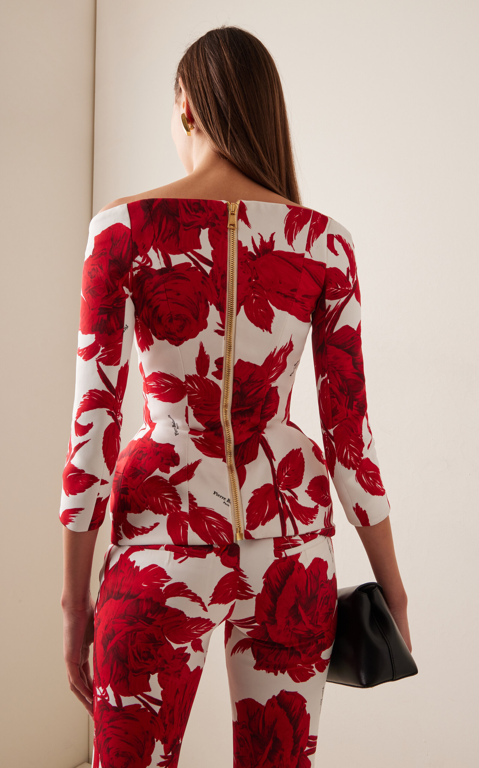 Off-The-Shoulder Rose-Print Crepe Hourglass Jacket