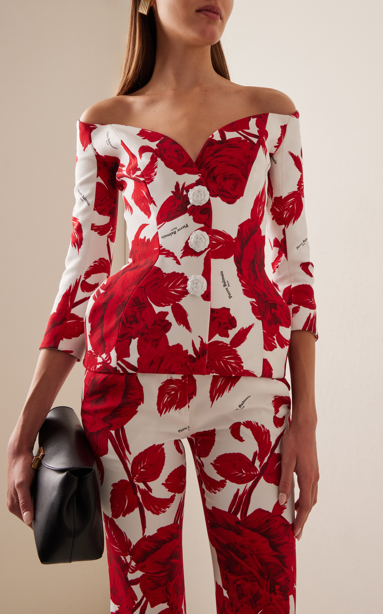 Off-The-Shoulder Rose-Print Crepe Hourglass Jacket