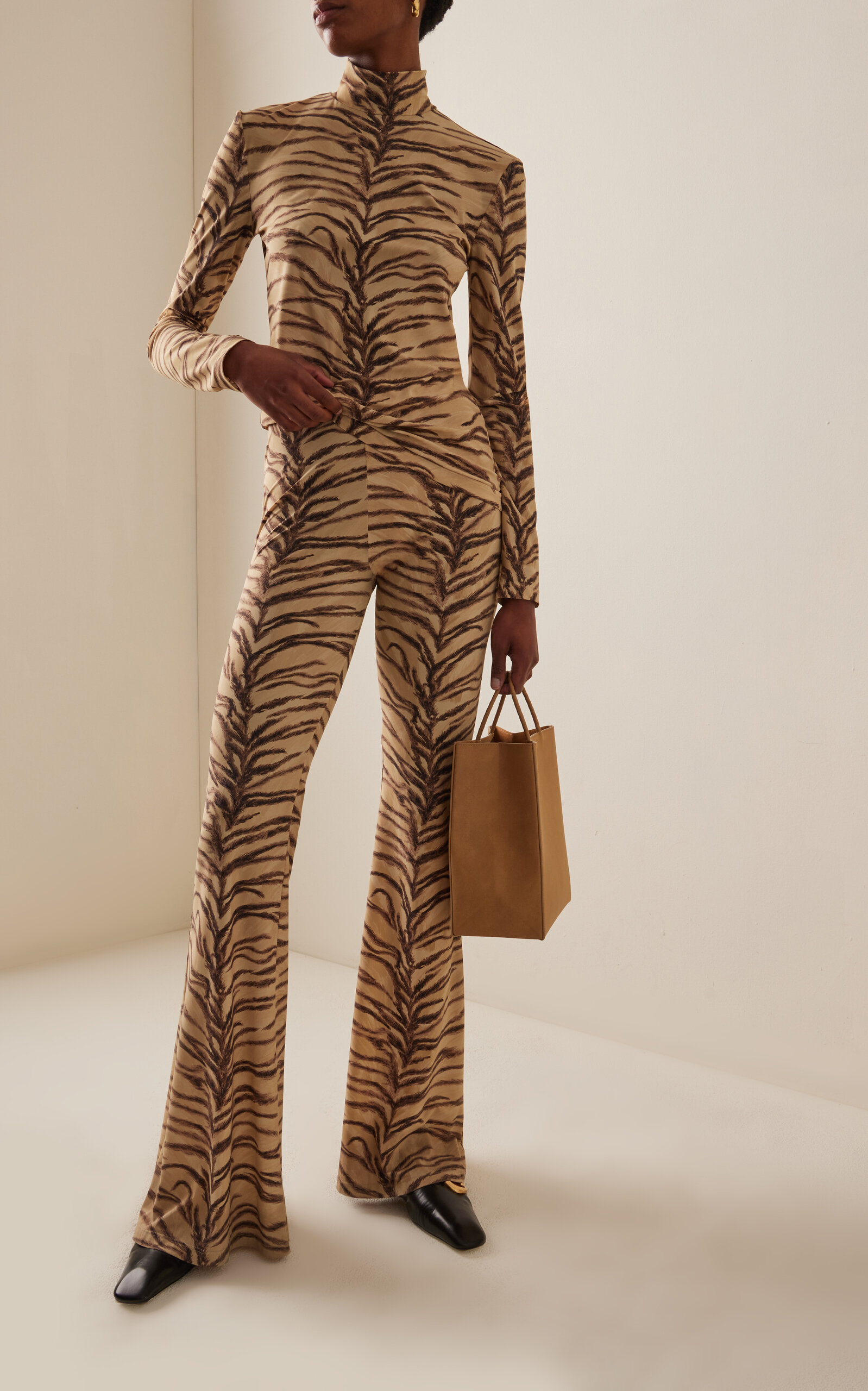 Tiger-Print Jersey Turtleneck Top