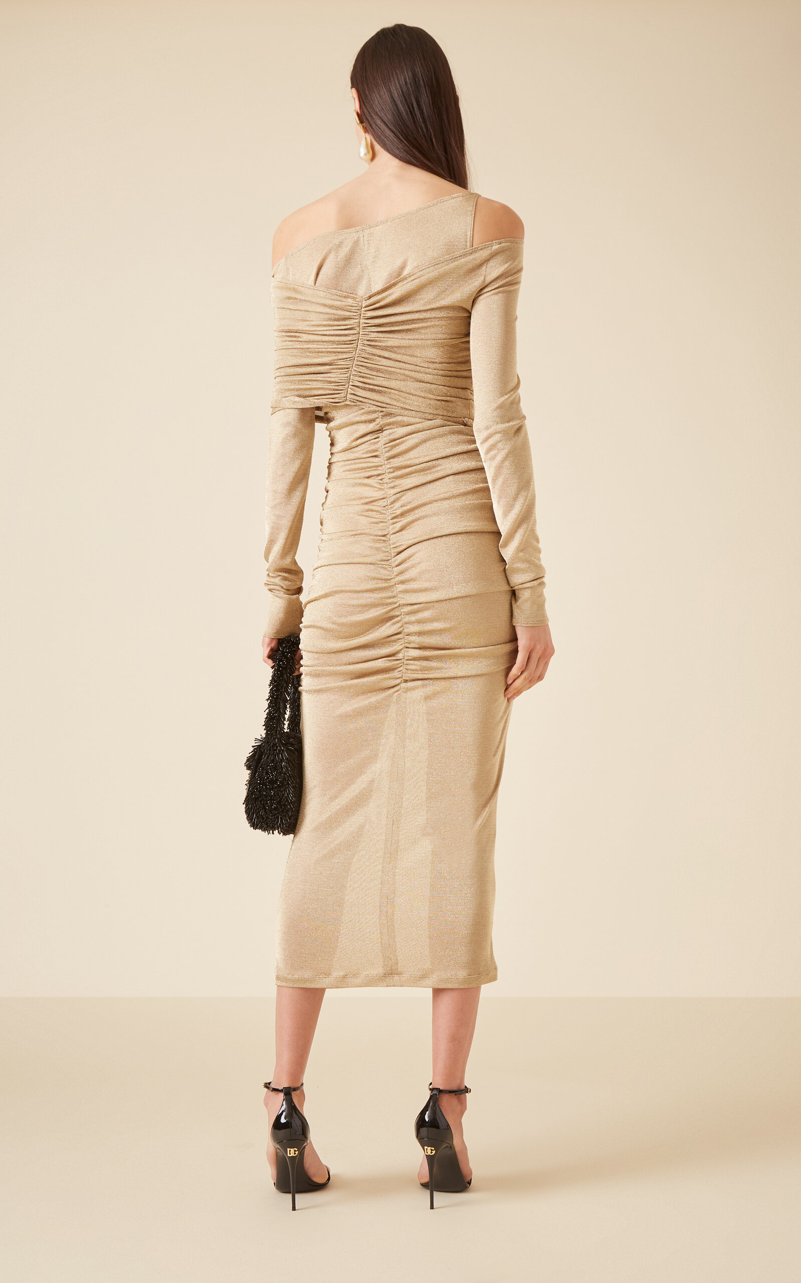 Draped Metallic Mesh-Jersey Midi Dress