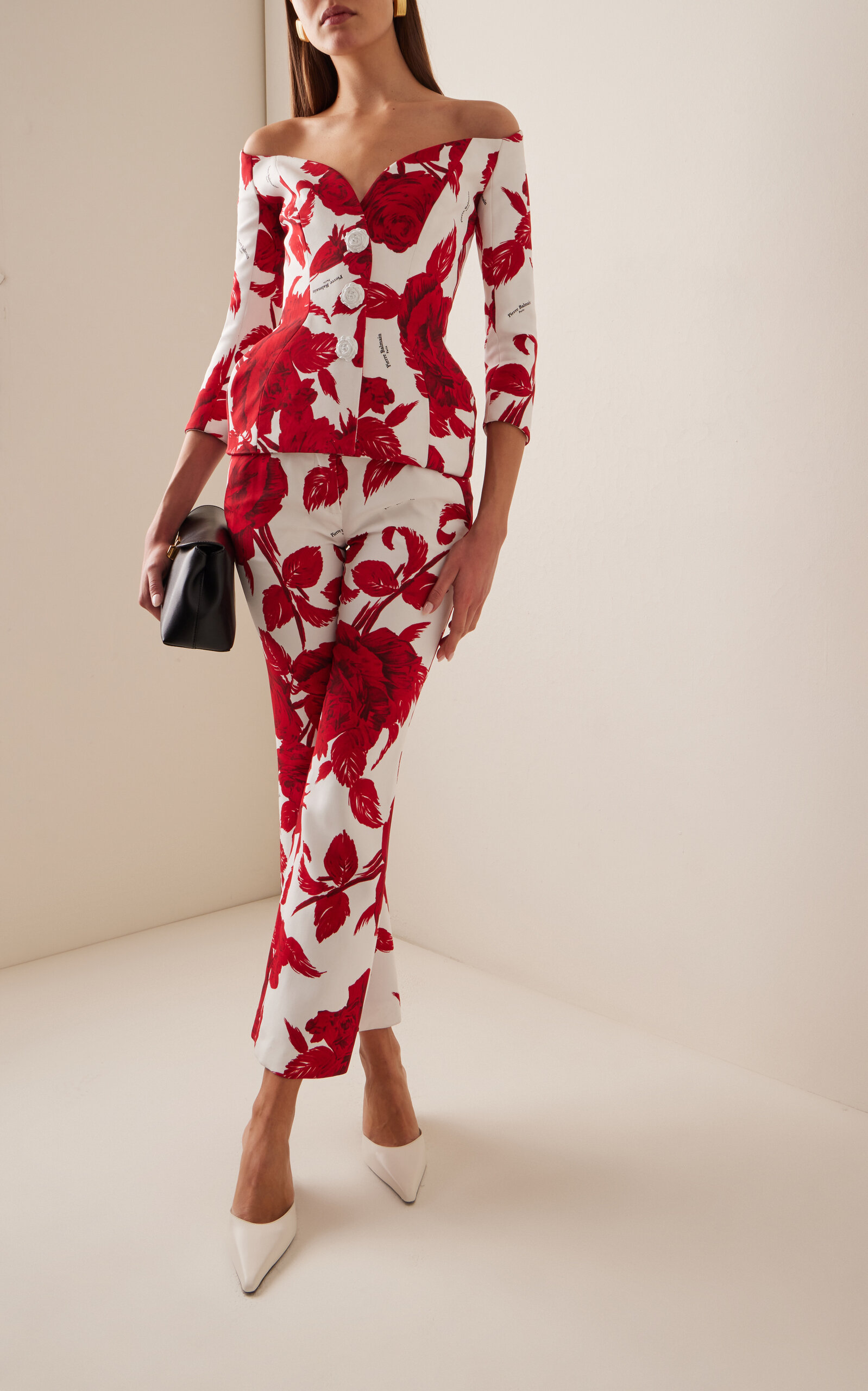 Off-The-Shoulder Rose-Print Crepe Hourglass Jacket