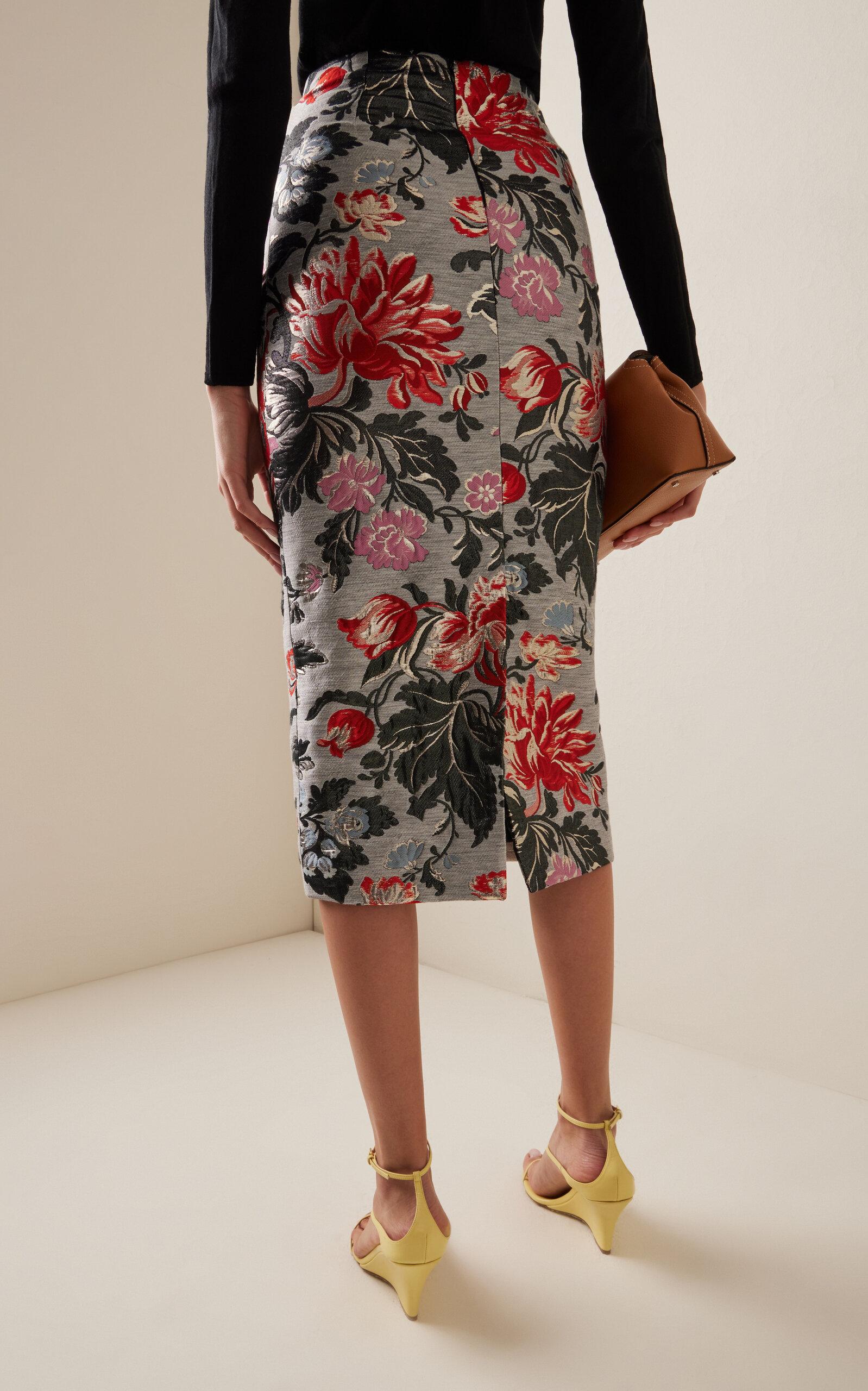 Floral Linen-Blend Midi Pencil Skirt