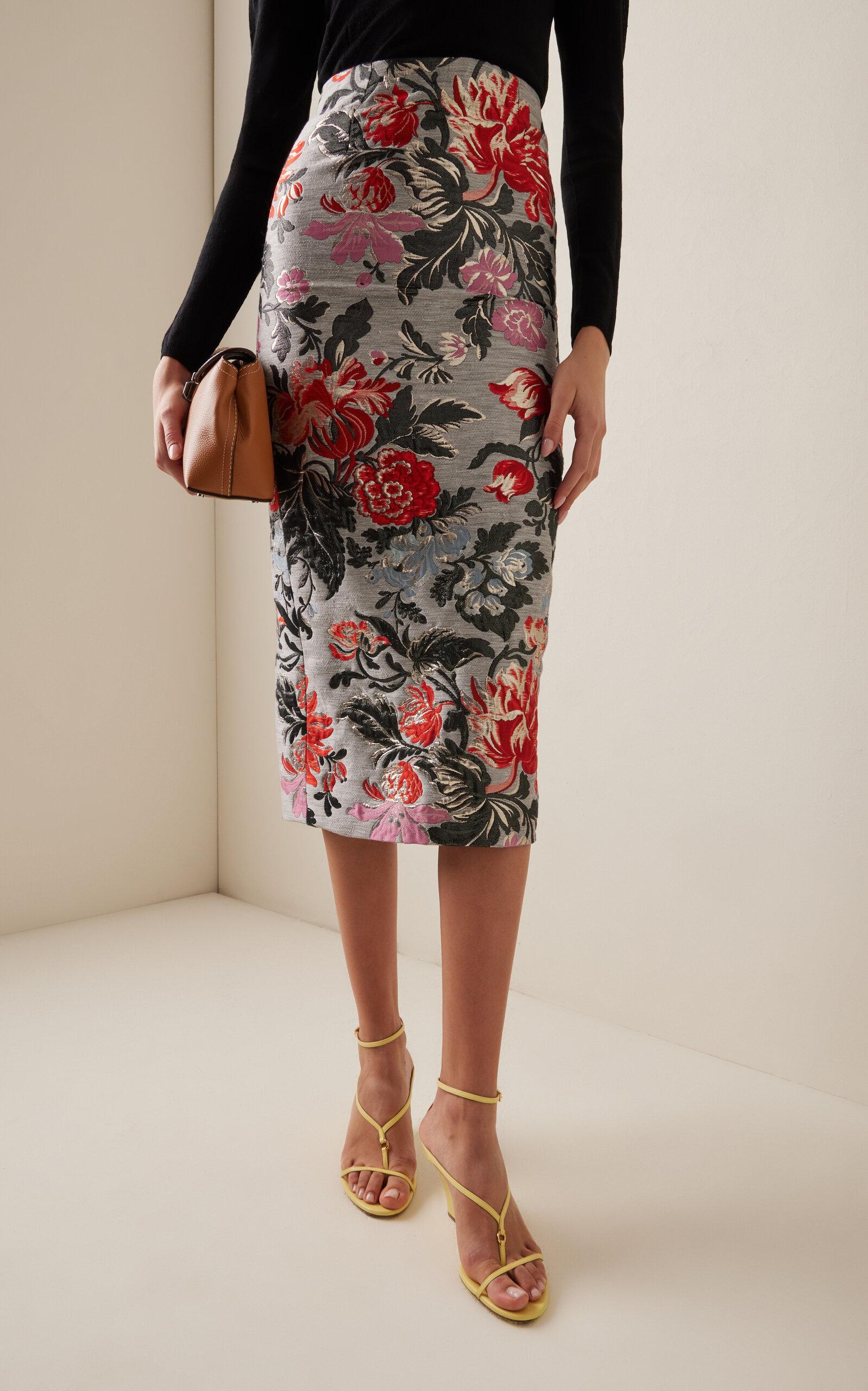 Floral Linen-Blend Midi Pencil Skirt