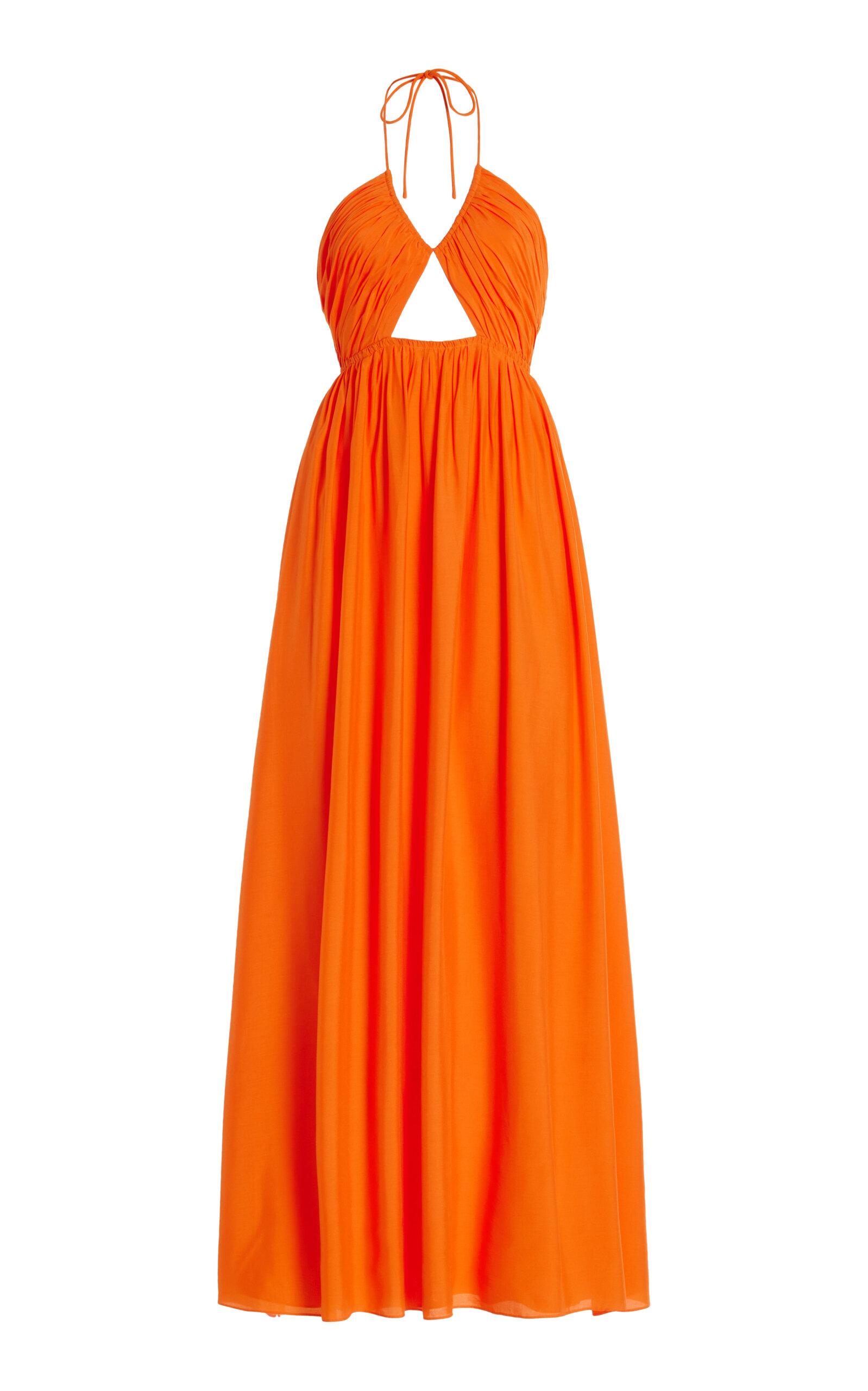 Oleander Gathered Satin Maxi Halter Dress