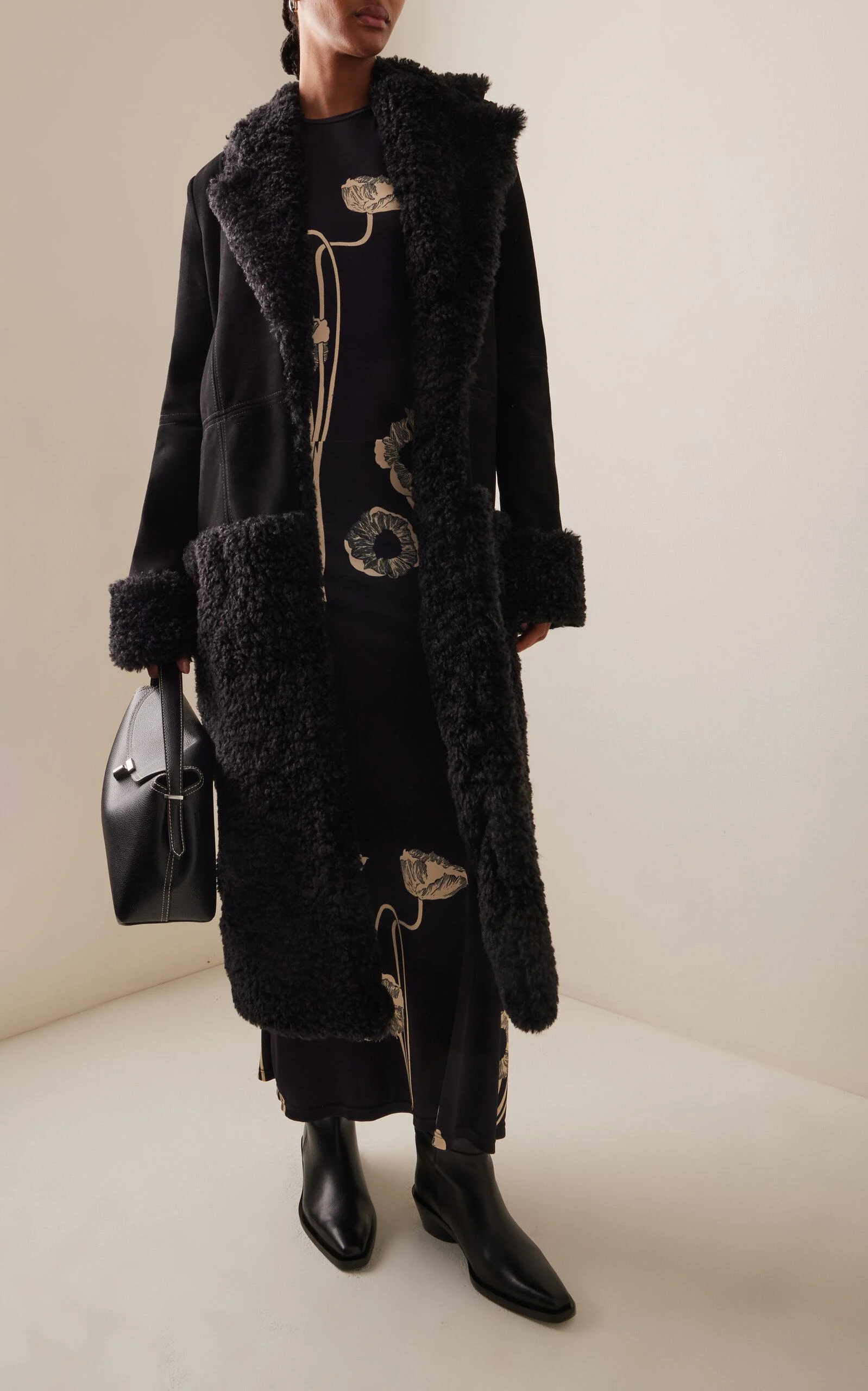 Efecto Duradero Vegan Shearling-Trimmed Leather Coat