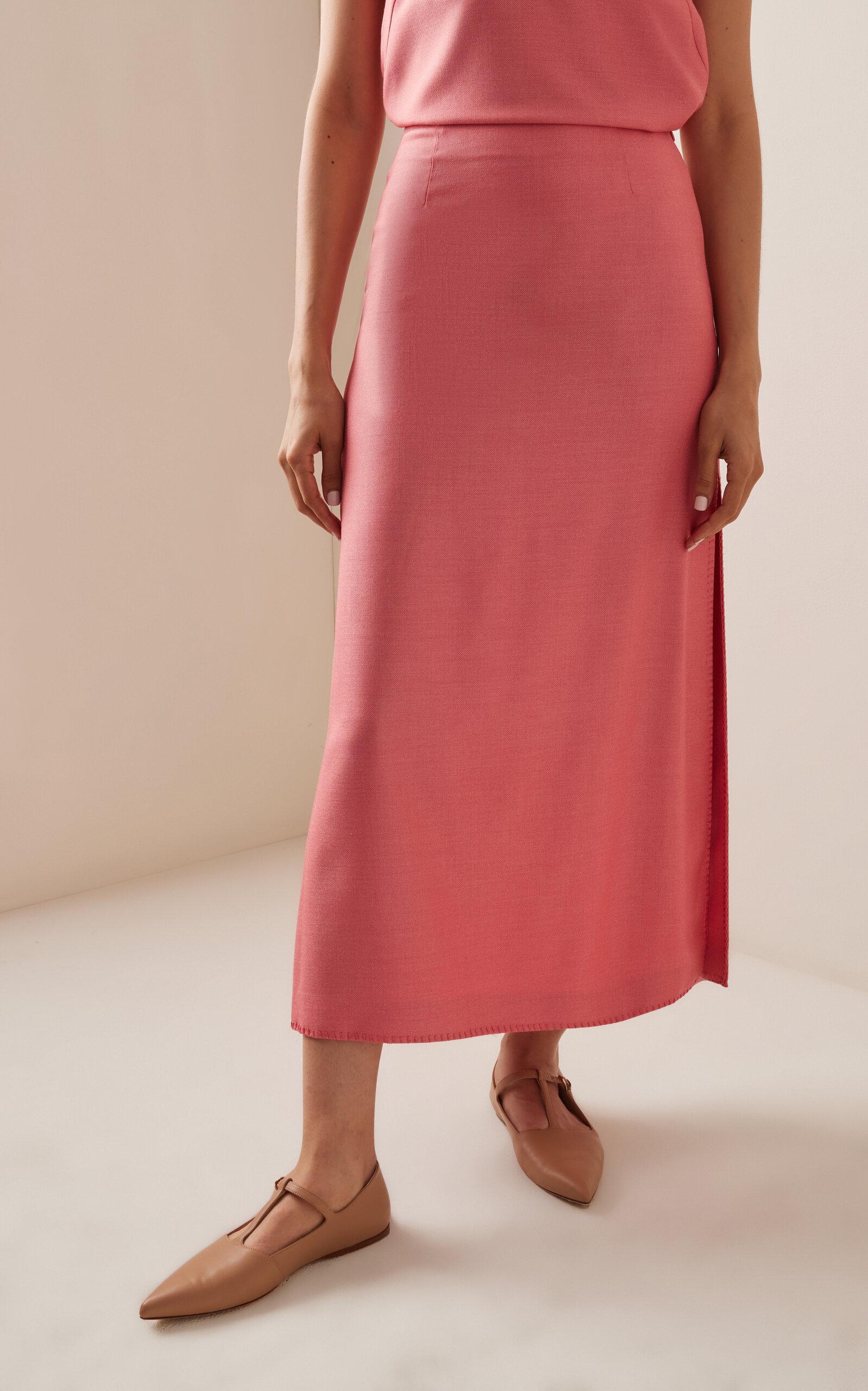 Defina Top-Stitched Wool-Silk Midi Skirt