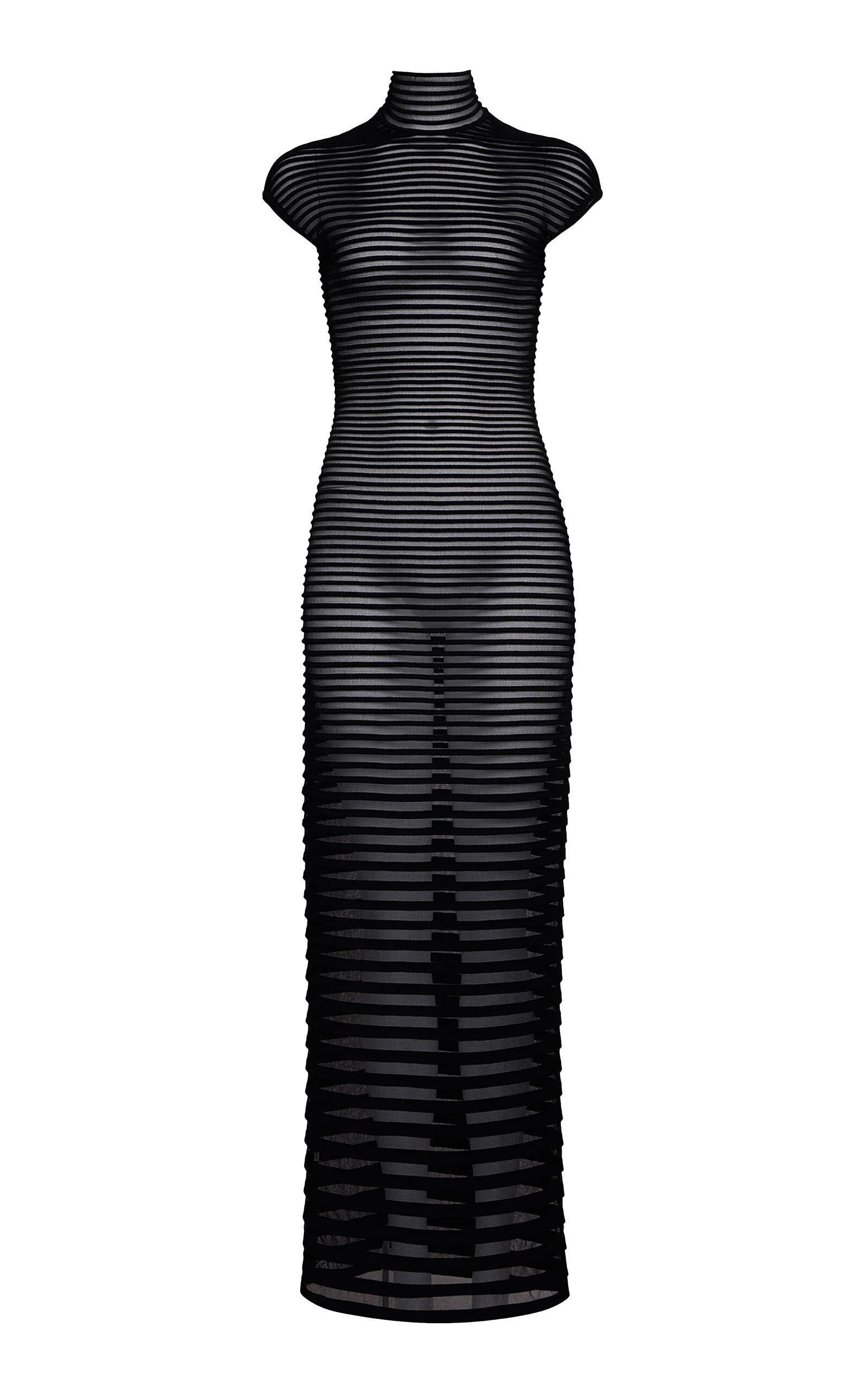 Open-Back Stripe-Knit Turtleneck Maxi Dress