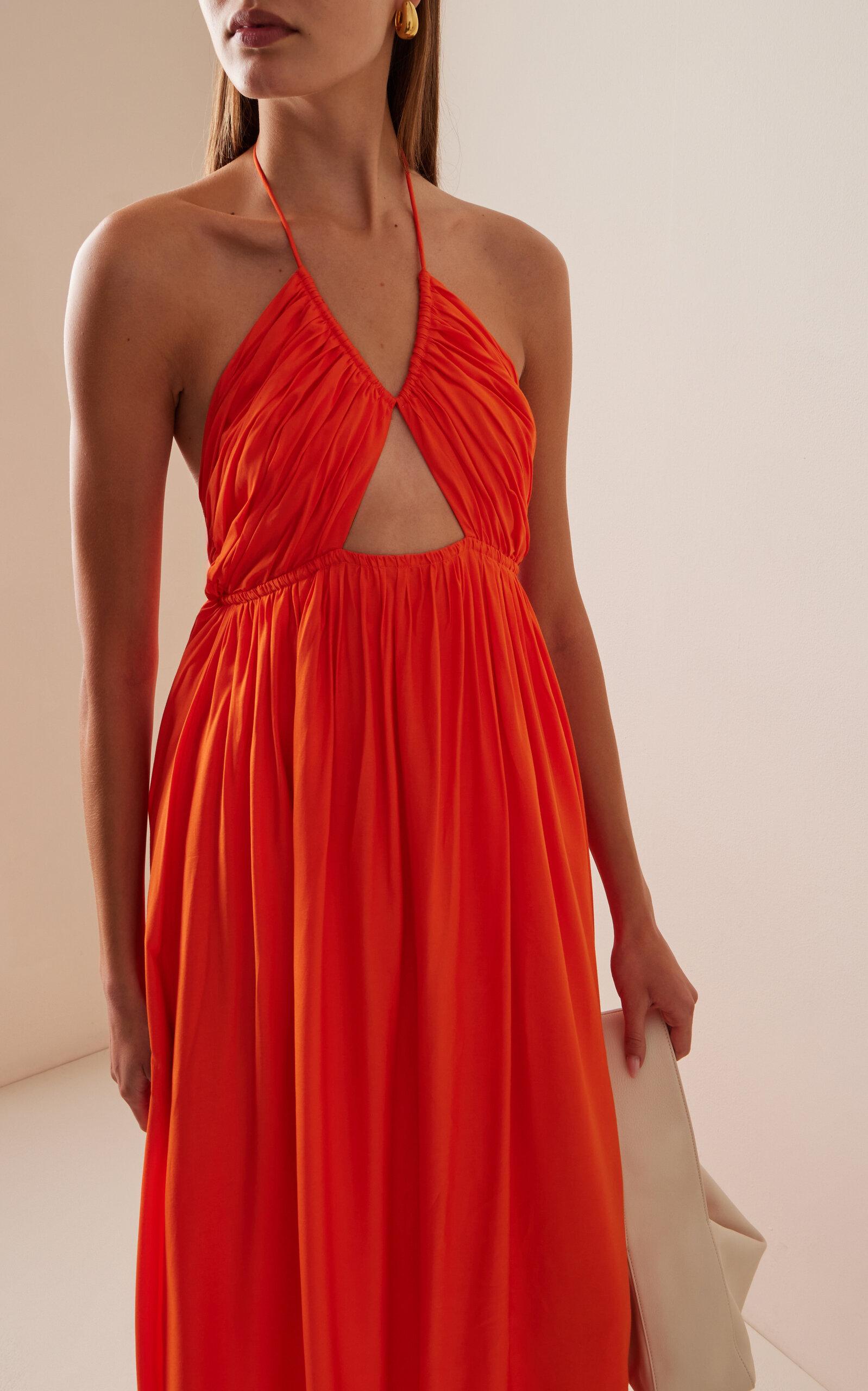 Oleander Gathered Satin Maxi Halter Dress