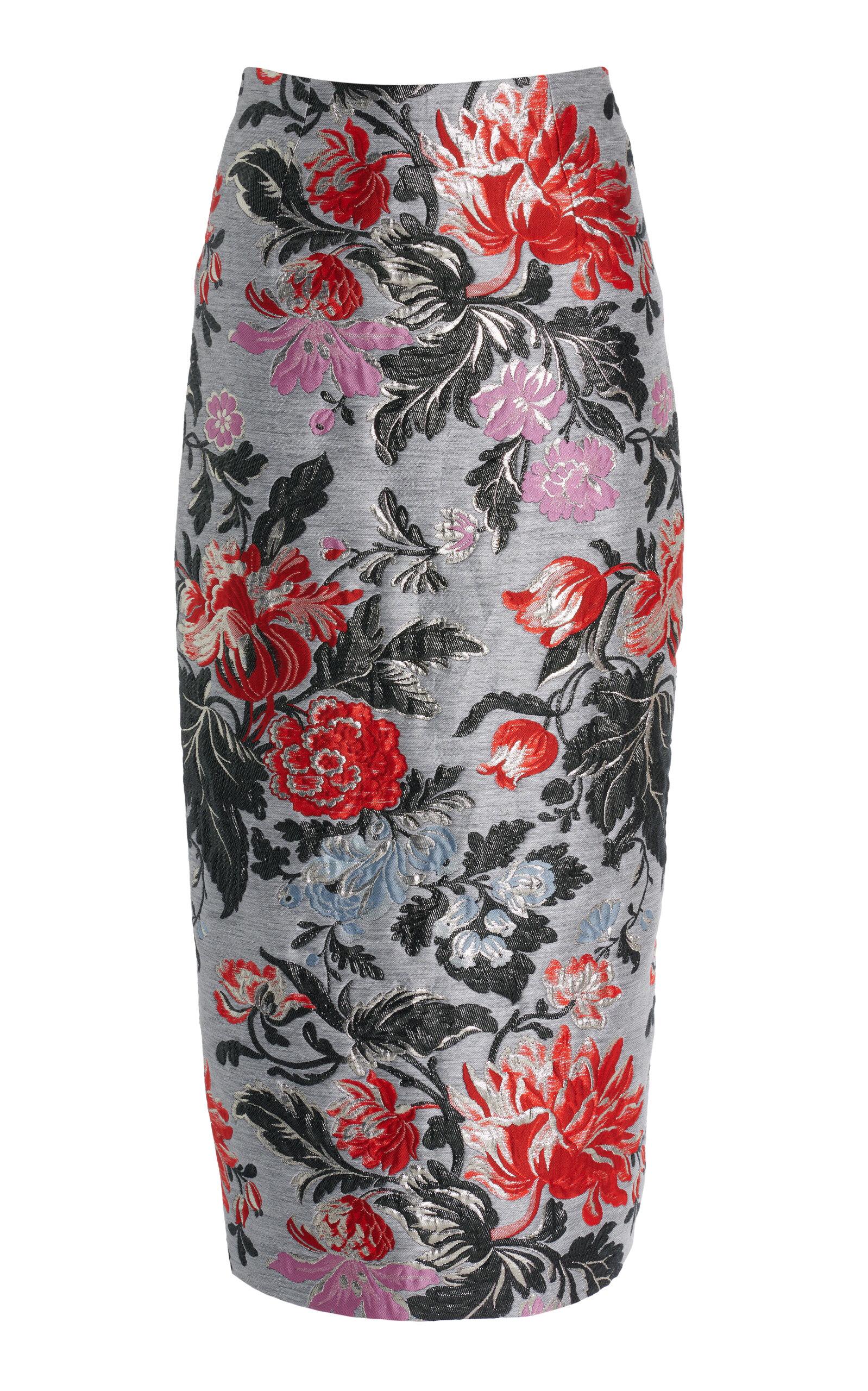 Floral Linen-Blend Midi Pencil Skirt