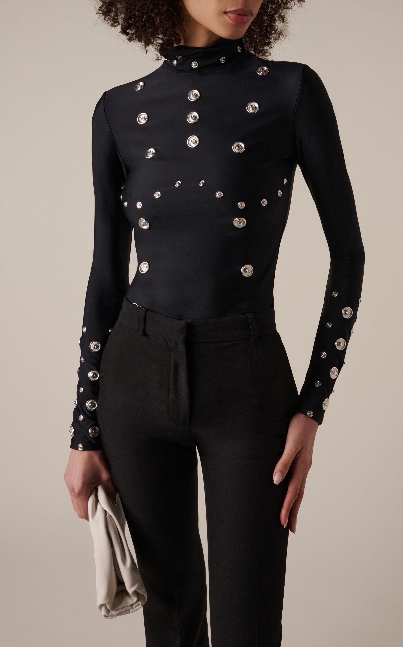 Snap-Embellished Spandex Turtleneck Top