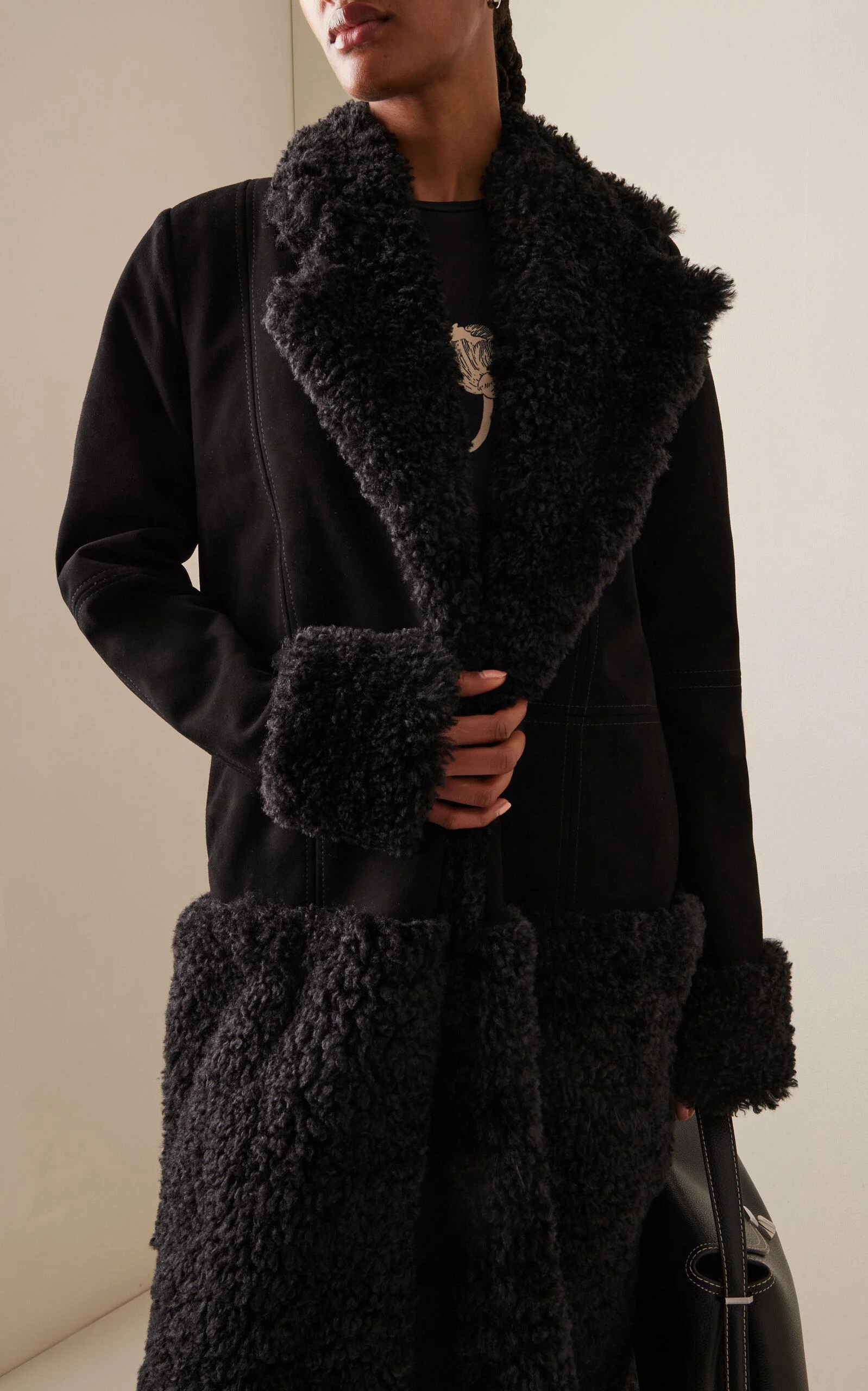 Efecto Duradero Vegan Shearling-Trimmed Leather Coat