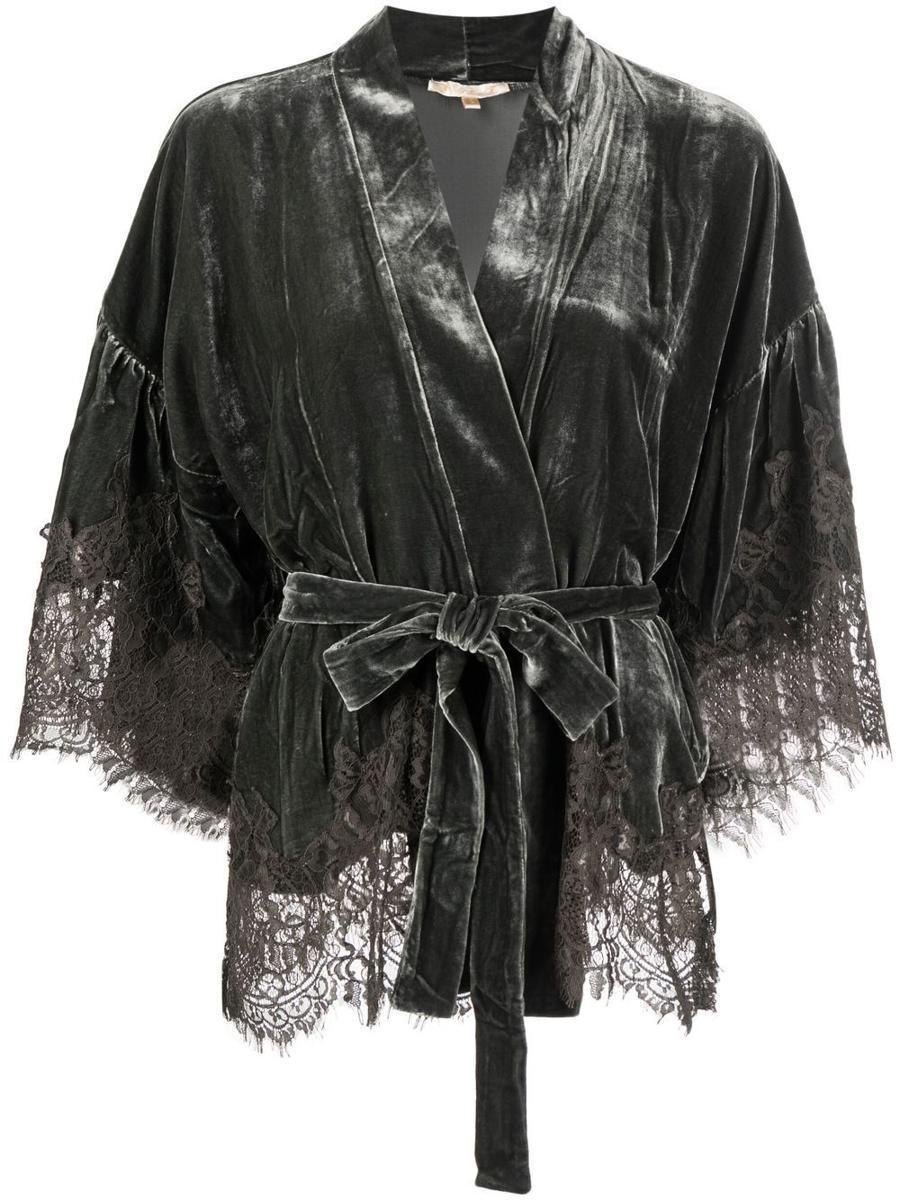 Gold Hawk Velvet Short Kimono in Grey