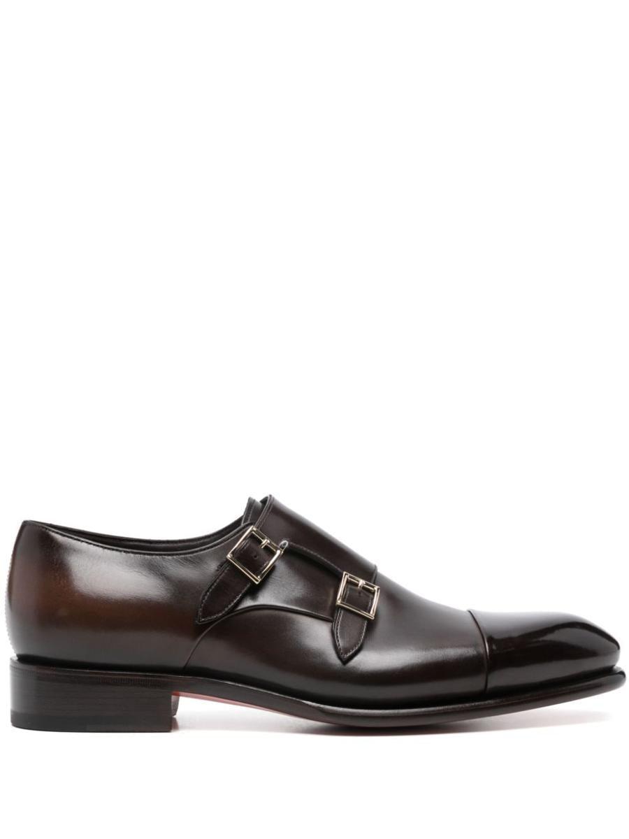 Santoni Calf Leather Monk Strap Shoes in Brown