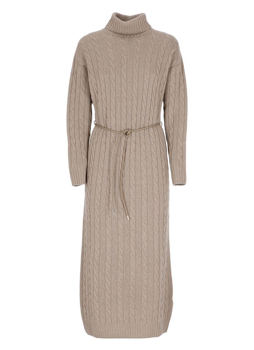 Peserico Wool, Silk And Cashmere Turtleneck Dress in Brown