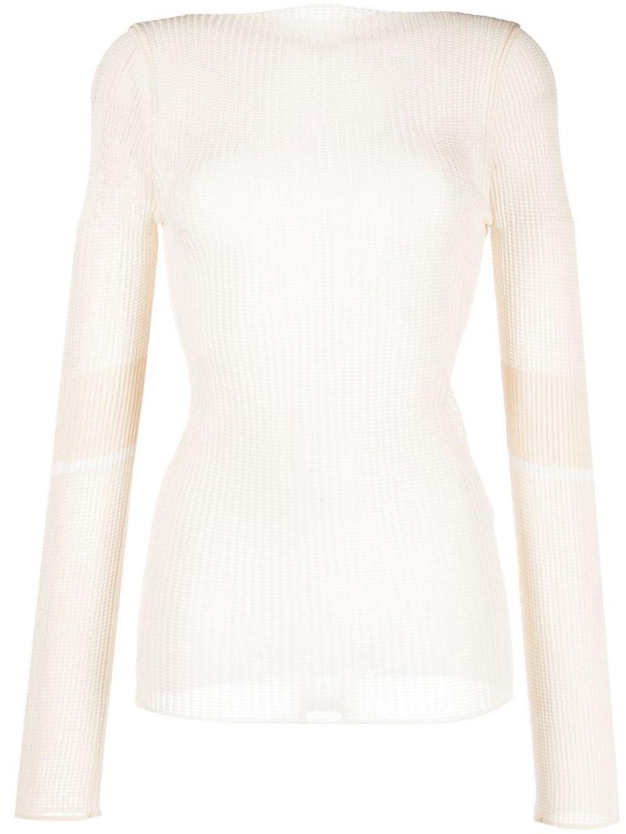 Low Classic Transparent Yarn Boat-Neck Knit Clothing in Beige