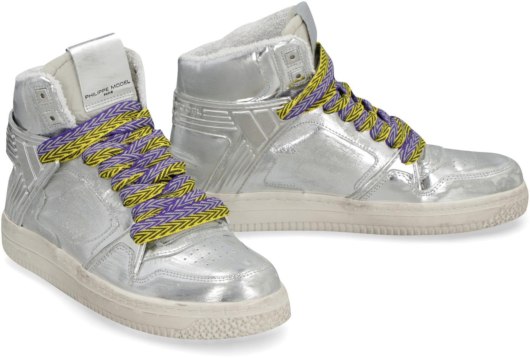 Philippe Model La Grande Woman Leather High-Top Sneakers in Silver