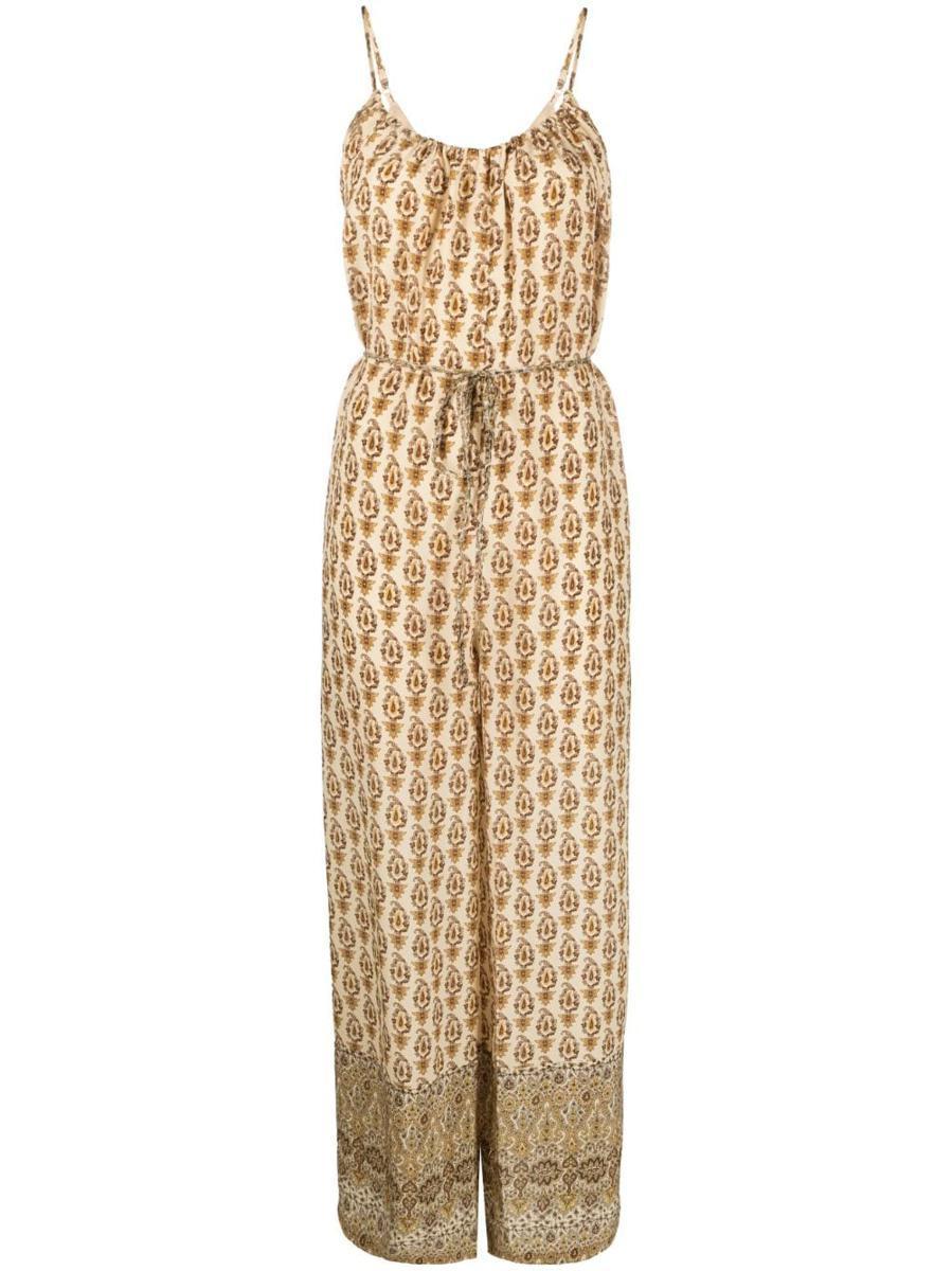 Gold Hawk Printed Silk Jumpsuit in Beige