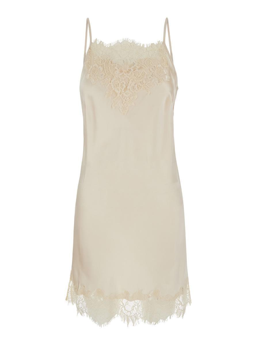 'Chantal' Mini White Dress With Tonal Lace Trim In Silk Woman in Beige