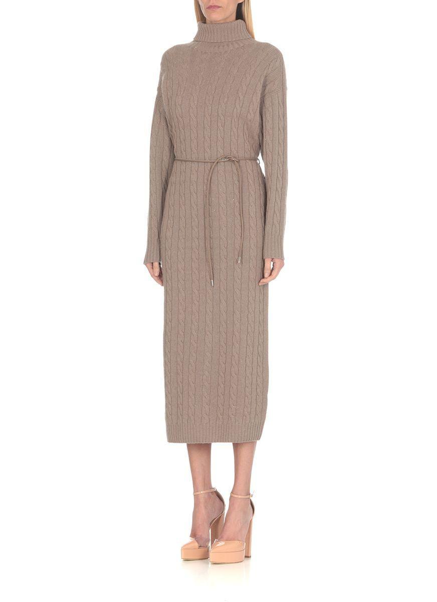 Peserico Wool, Silk And Cashmere Turtleneck Dress in Brown