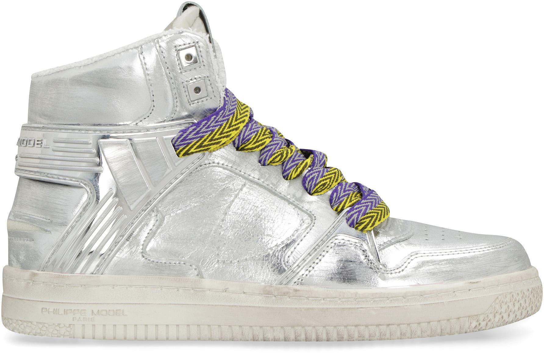 Philippe Model La Grande Woman Leather High-Top Sneakers in Silver