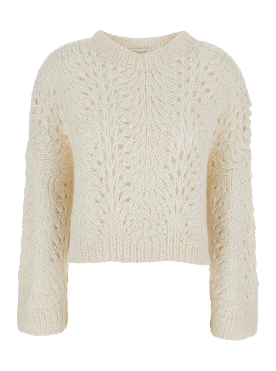 'Criseide' Beige Crewneck Sweater In Open Knit Woman in Beige