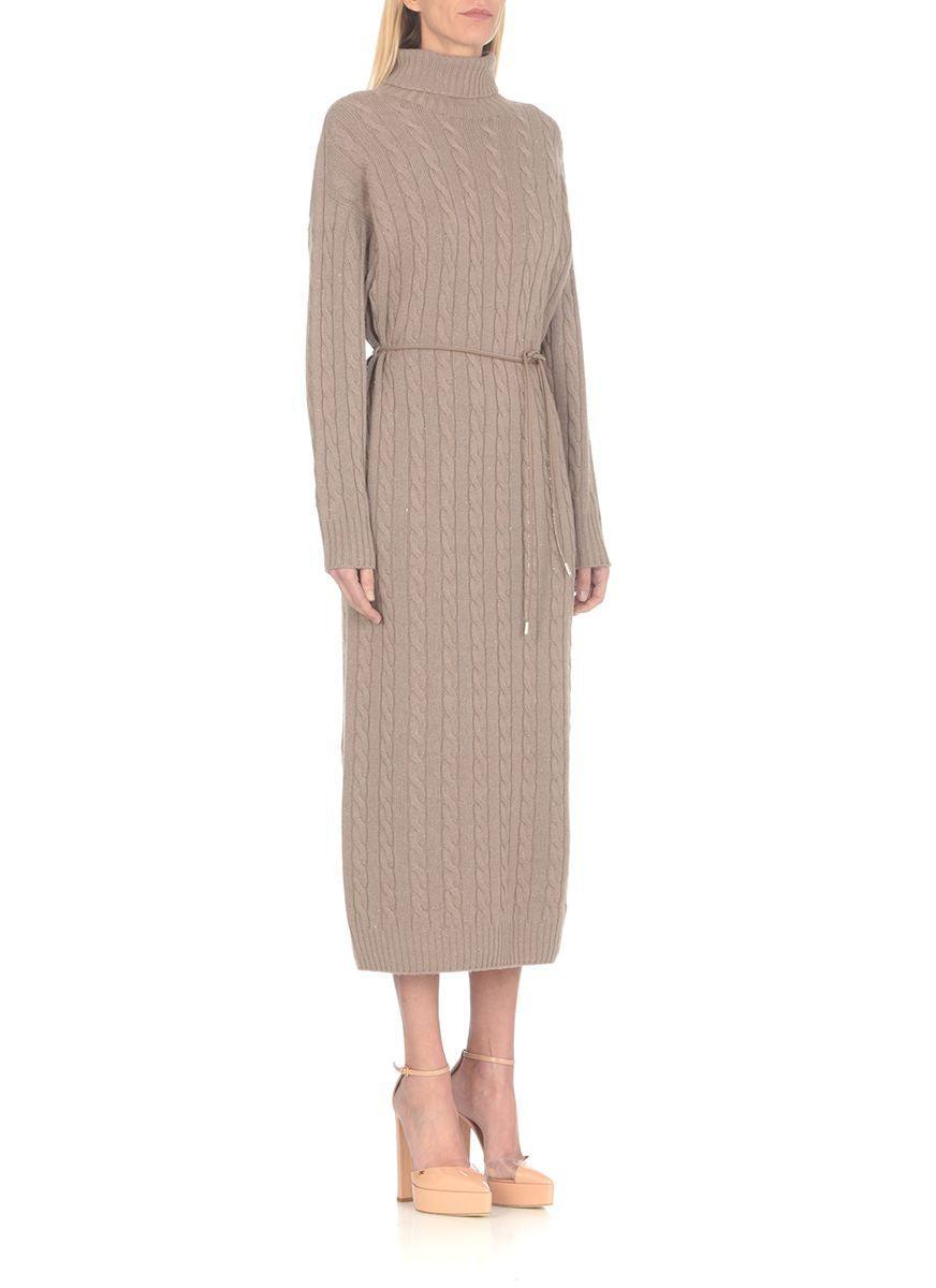 Peserico Wool, Silk And Cashmere Turtleneck Dress in Brown