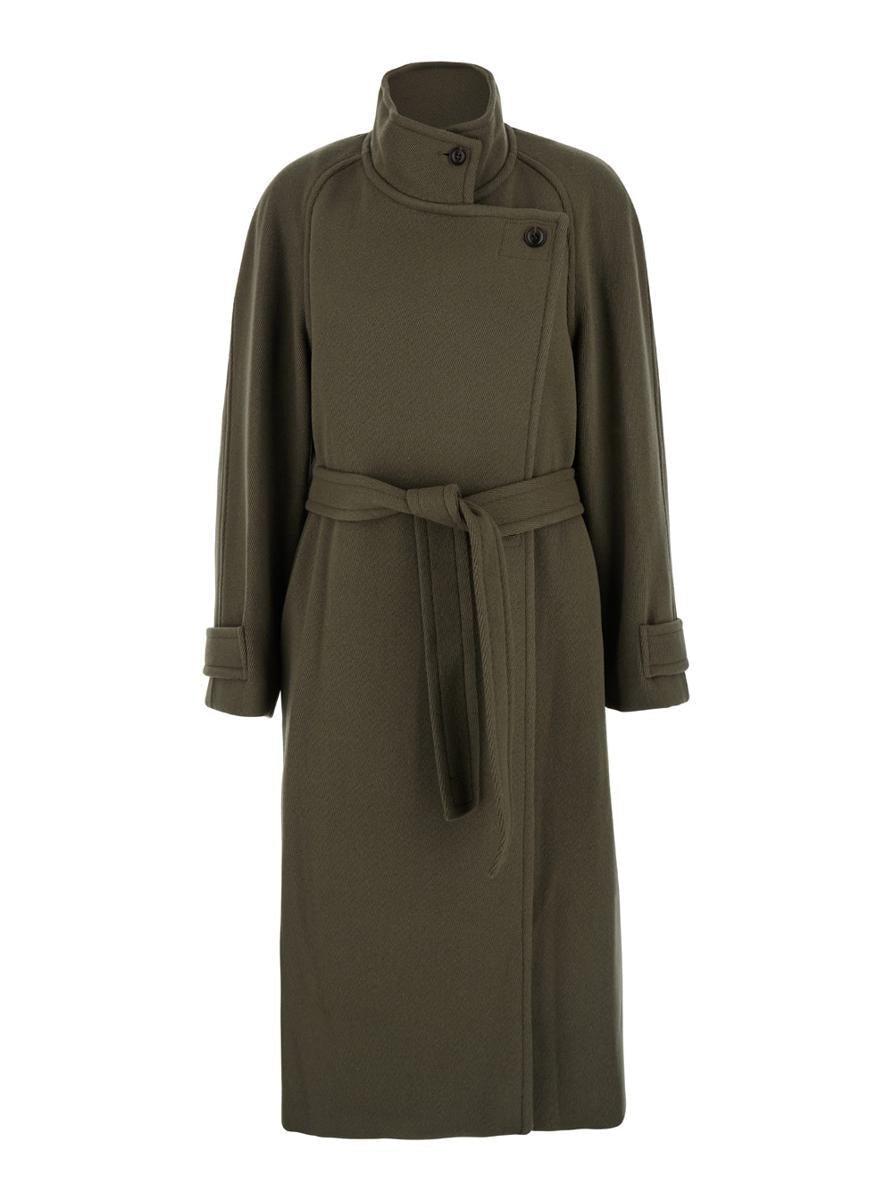 Green Double-Breasted Coat With Removable Belt And Wraparound Design In Wool Blend Woman in Green