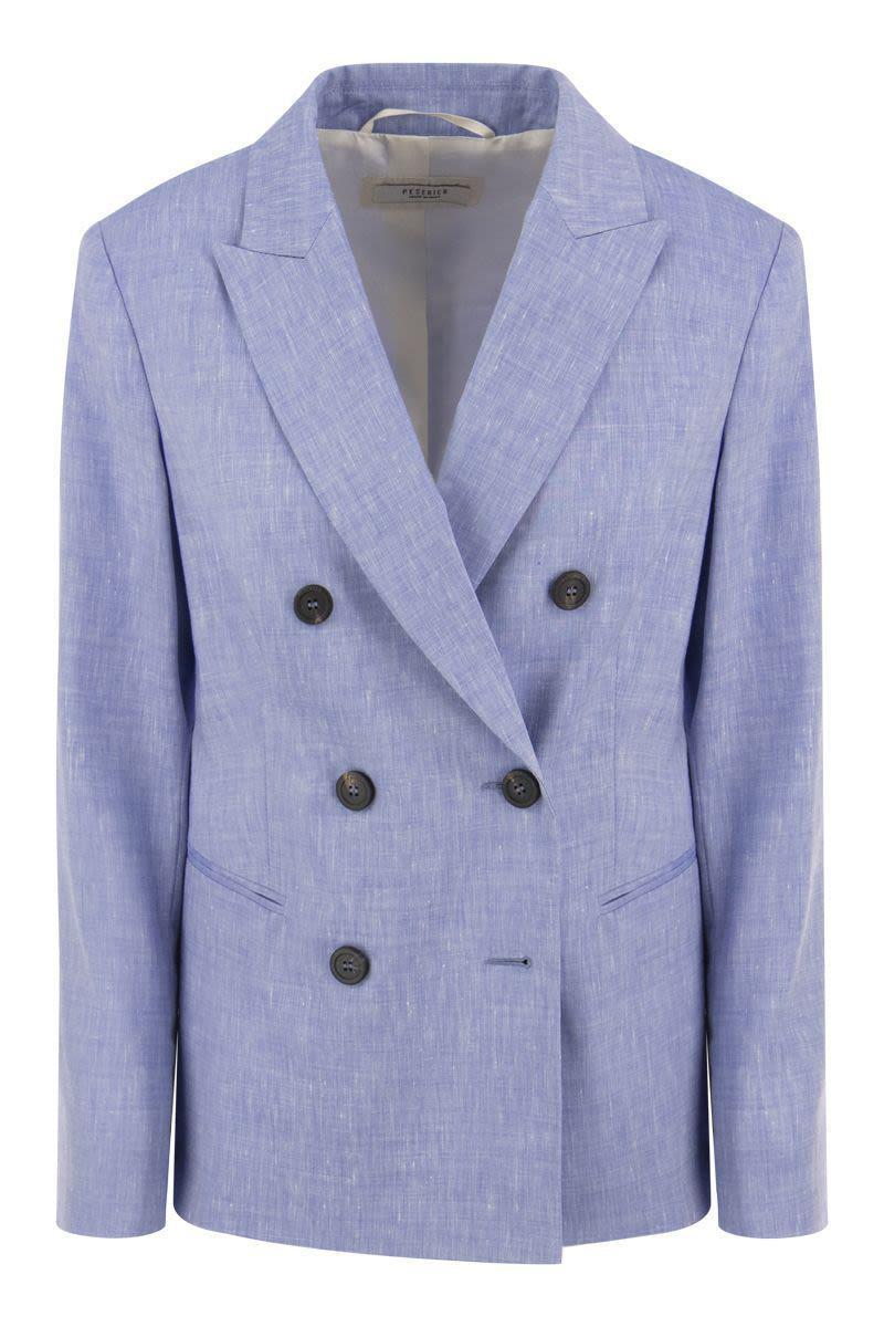 Peserico Wool And Linen Canvas Double-Breasted Blazer in Blue