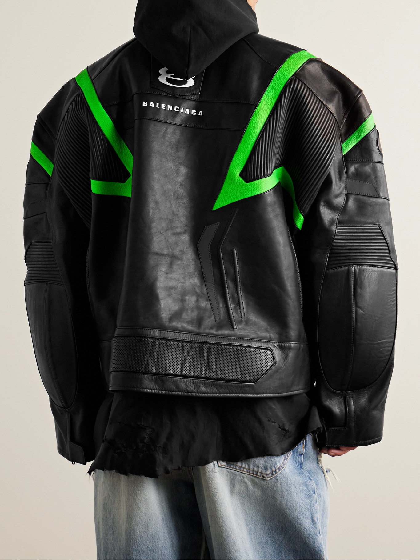 Racer Oversized Distressed Panelled Leather Jacket