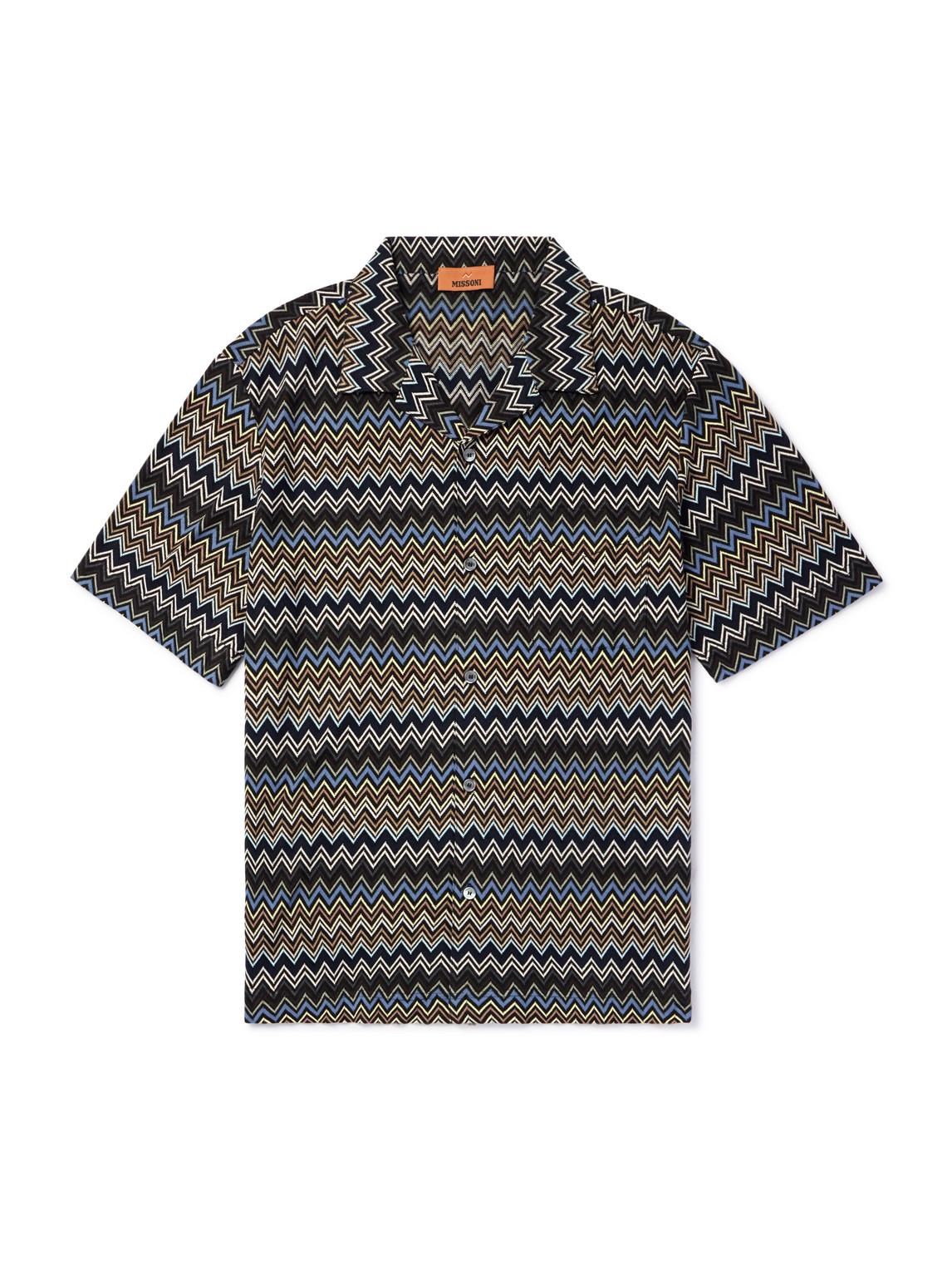 Camp-Collar Crochet-Knit Cotton Shirt