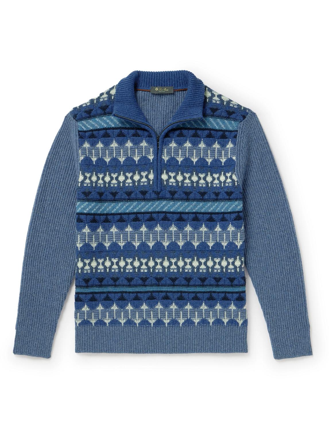 Fair Isle Ribbed-Knit Cashmere Half-Zip Sweater