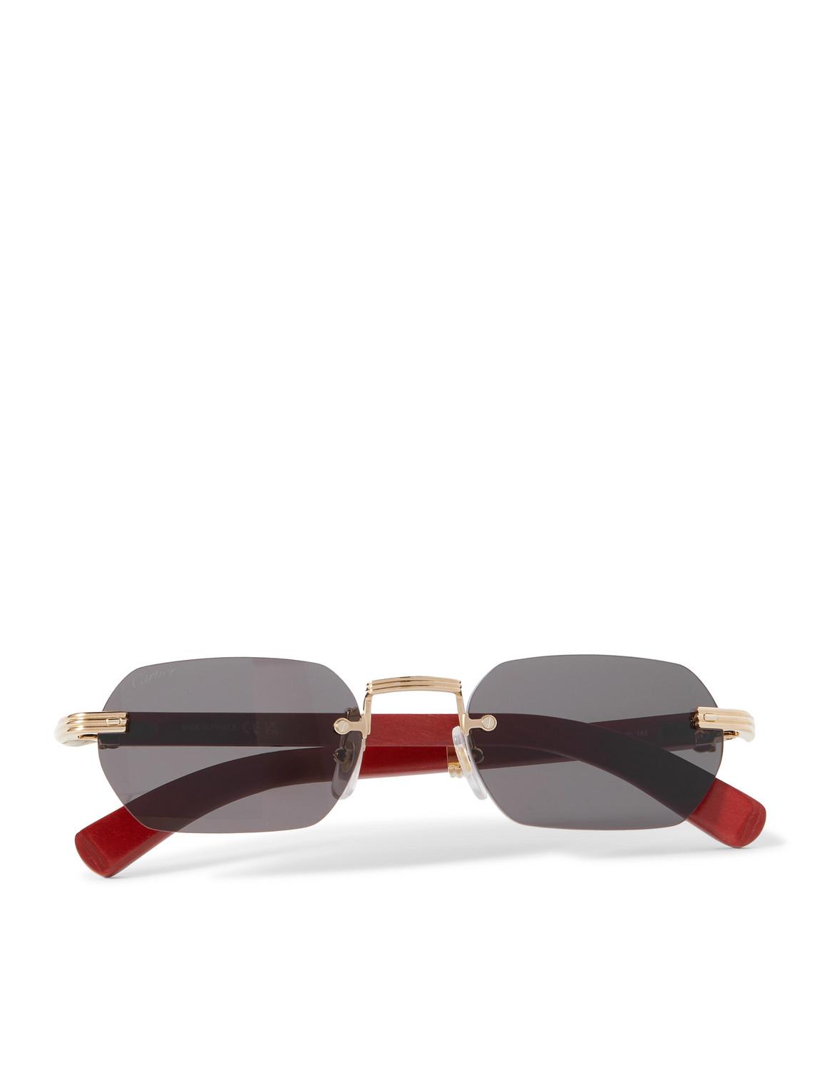 Rectangular-Frame Gold-Tone and Wood Sunglasses